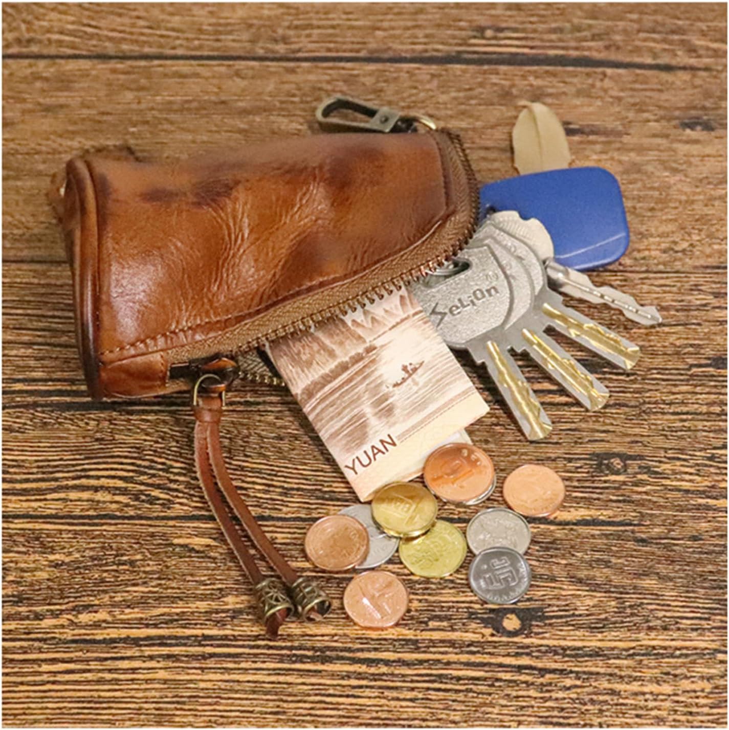 Genuine Leather Coin Purse, Mini Leather Change Purse for Men Women Change Holder Storage Bag Car Key Leather Coin Purse Pouch Case Organizer Bag Keychain Zipper (Yellow) - Image 3