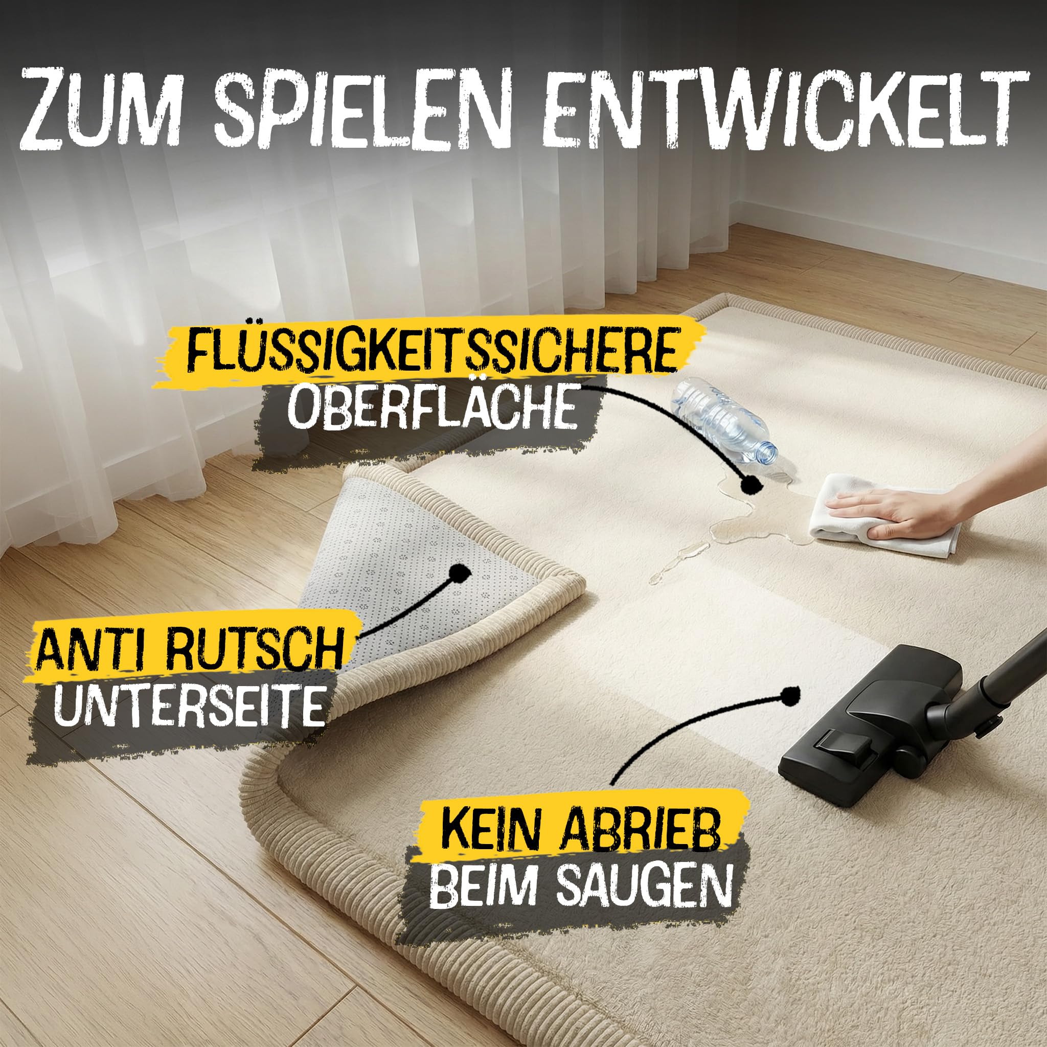 FRIEDO Krabbelmatte Baby I ÖKOTEX Zertifiziert I 160x230cm beige I Extra dick und weiche Spielmatte, Spielteppich I Rutschfester, wasserabweisender Teppich für Wohn und Kinderzimmer I Tatami Matte