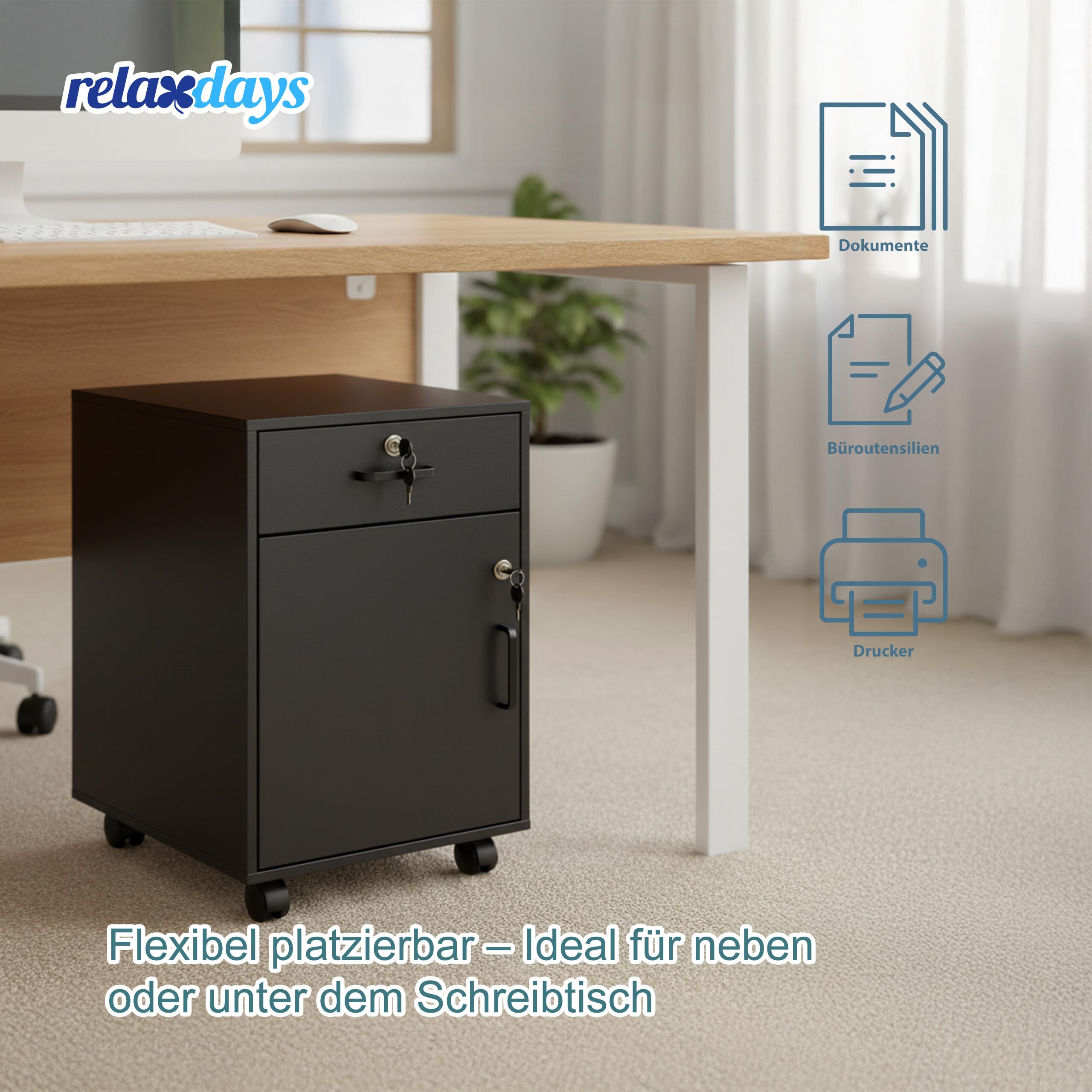 Relaxdays Rollcontainer, Schublade & Türfach, HxBxT: 57 x 40 x 40 cm, abschließbar, Aktenschrank auf Rollen, schwarz