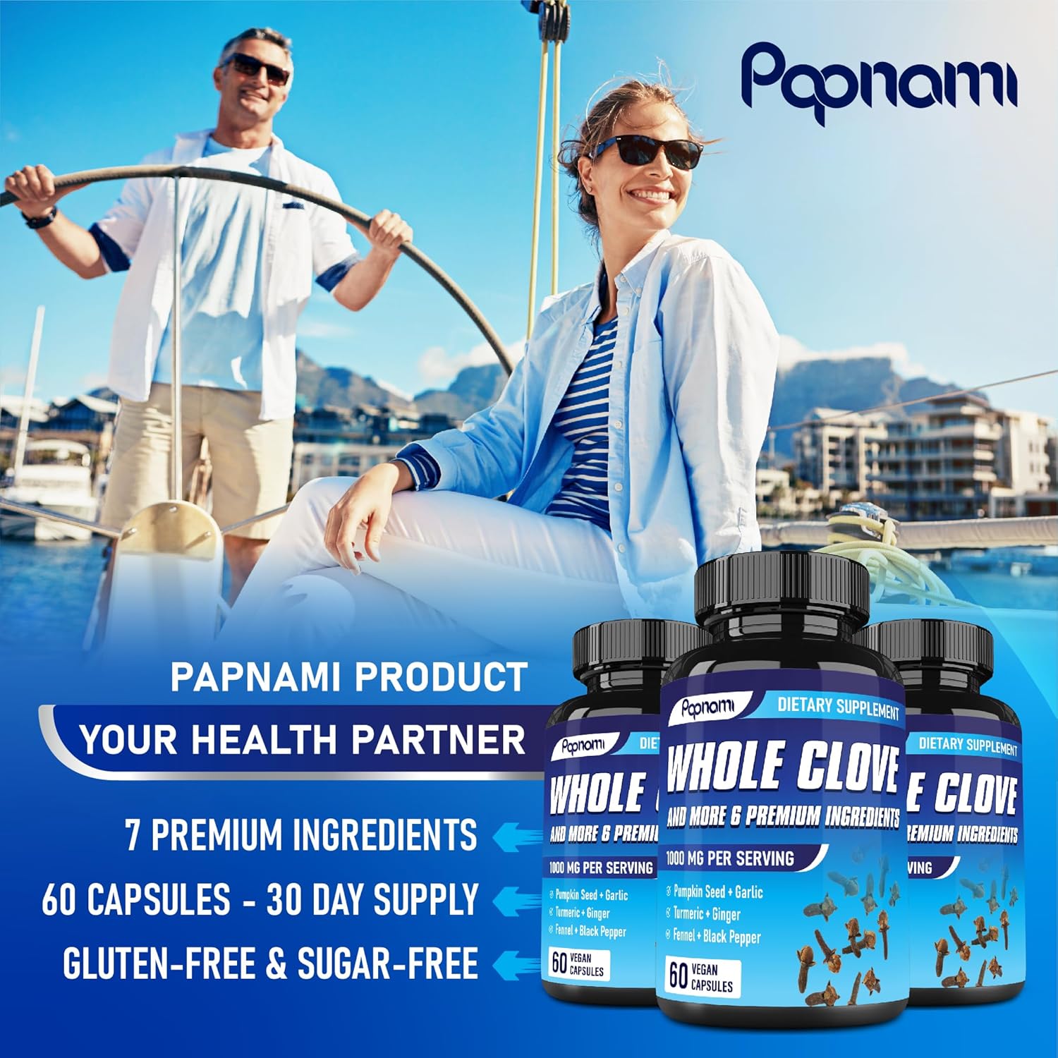 7in1 Whole Cloves Supplements - Blended with Garlic, Pumpkin Seed, Turmeric, Ginger, Fennel & Black Pepper | Digestive Health | 120 Count