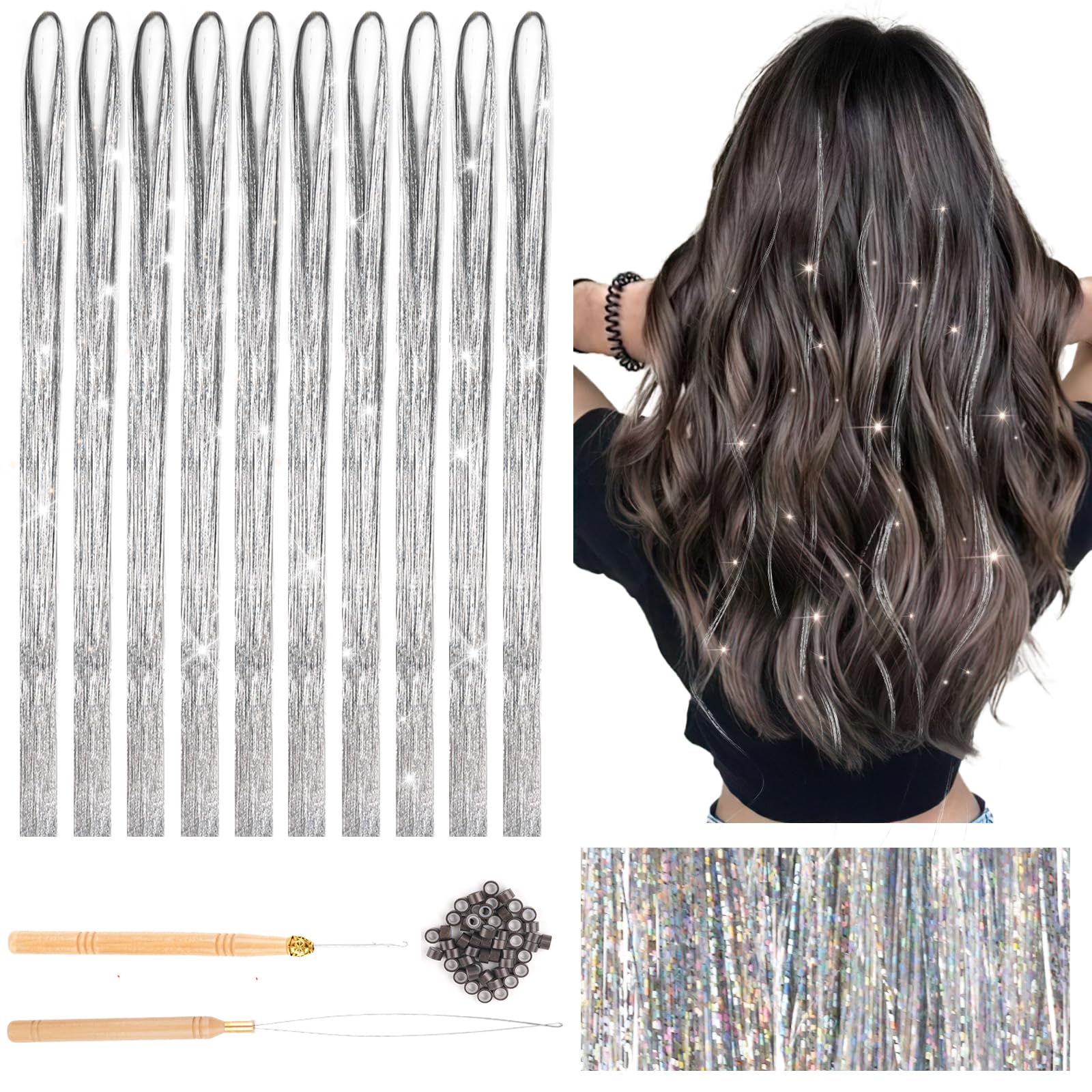 Deepton 2000 Hair Tinsel, 120cm Glitzer Haarsträhnen mit Werkzeug, Haar Lametta Set, Mädchen & Kinder Haarlametta, Glitzersträhnen für Haare für Frauen Kinder Cosplay Party Zubehör