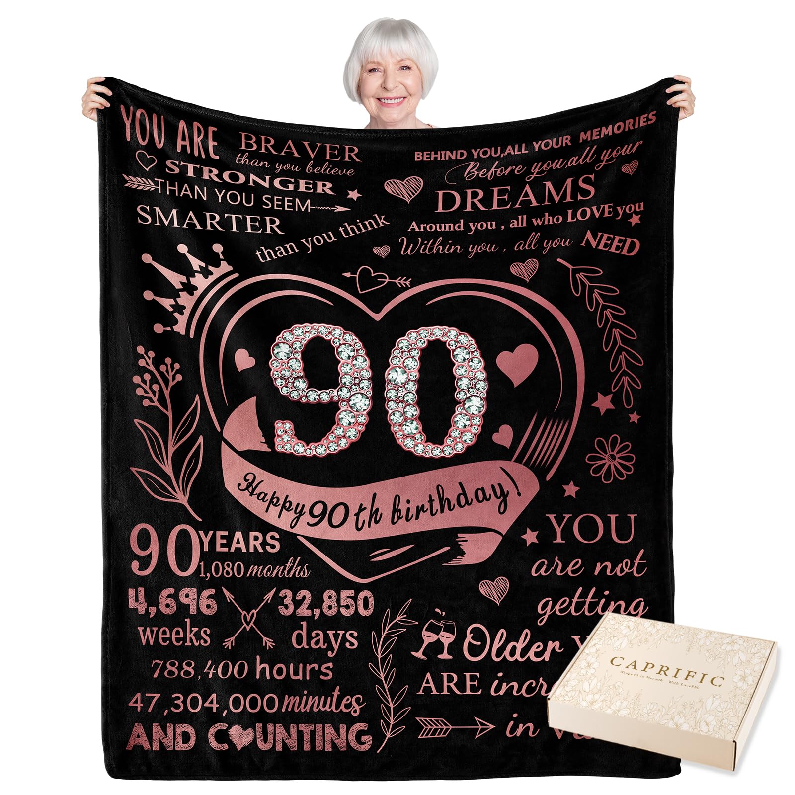 CAPRIFIC 90th Birthday Gifts for Women, Unique 90th Birthday Decorations, 90th Birthday Gifts for Mum Grandma, 90th Birthday Presents for Her, Female Birthday Gift Ideas, Blanket 150x130cm(Pink) — image 1
