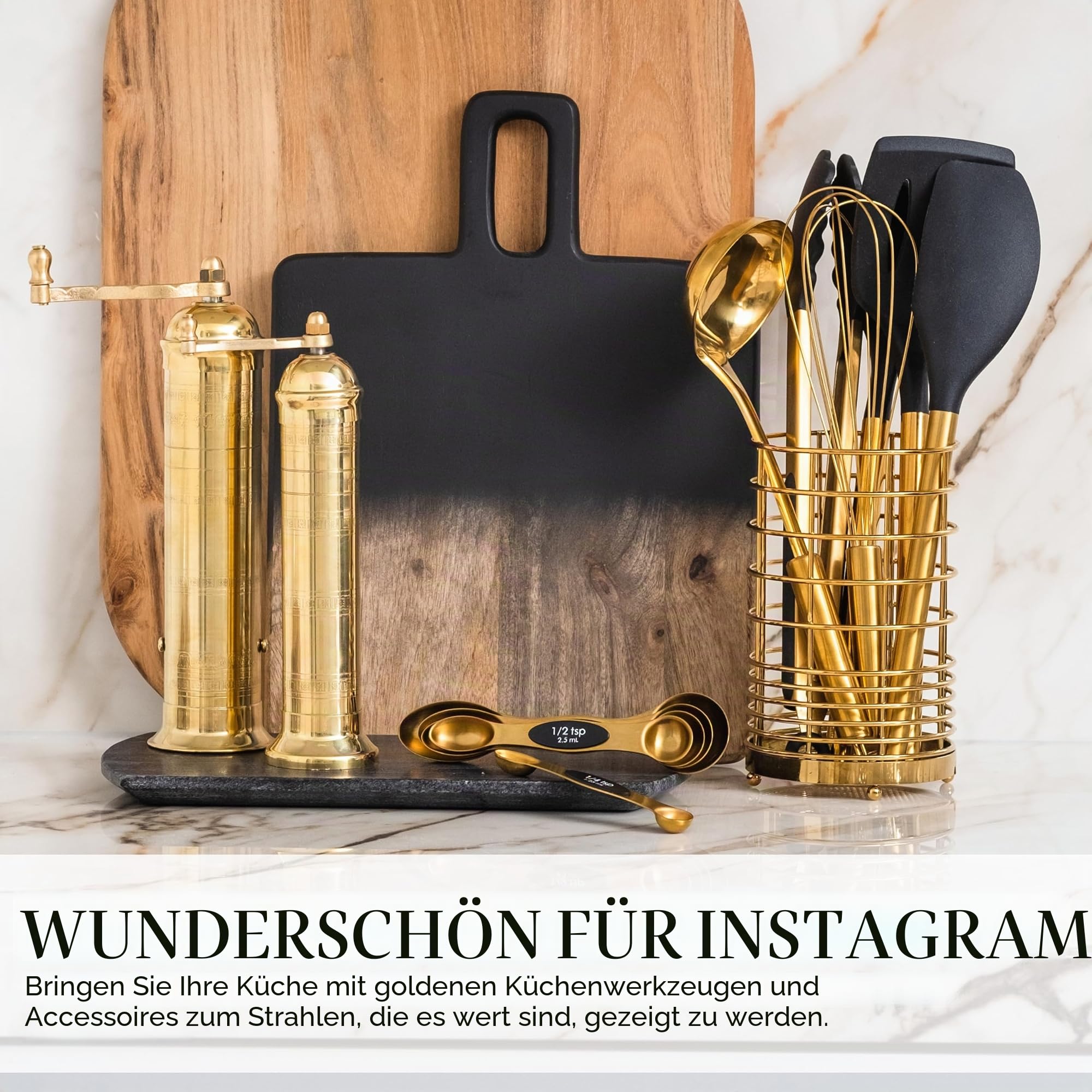 Schwarz-Goldenes Küchenutensilien-Set – 7-teiliges Silikon-Kochset mit goldenem Utensilienhalter – Für Antihaft-Kochgeschirr & moderne Küchen