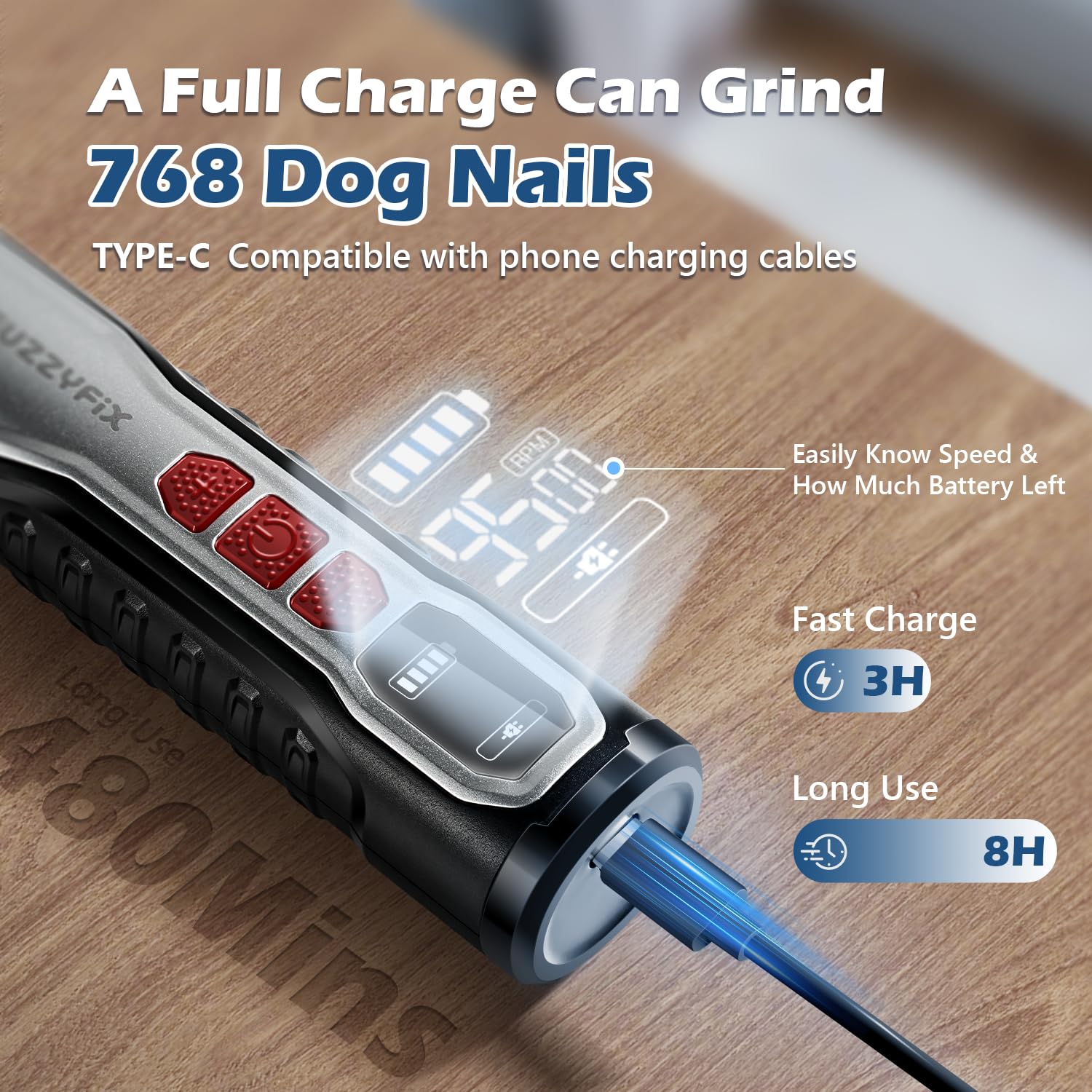 Dog Nail Grinder, Nail Clippers with LED Light, USB Rechargeable Electric Dog Nail Trimmer 5-Speed Paws Grooming & Smoothing for Large Medium Small Dogs Cats Pet - image 5