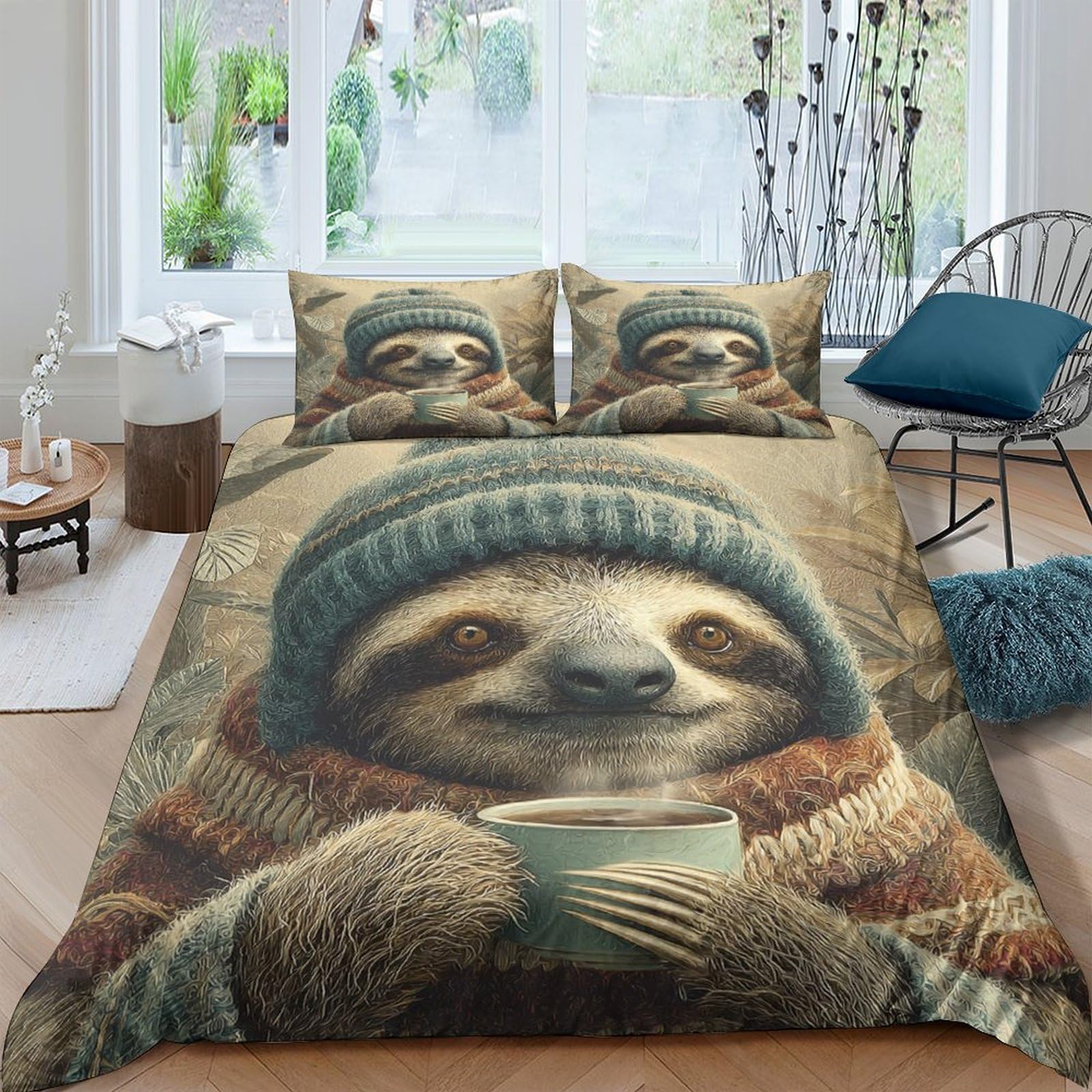 Ctjqhvkz Style-9 3D Printed Sloth With Beanie Fitted Sheet Microfiber Soft Brown Animal Bed Cover For Bedroom Dorm Decor Single（135X200cm）