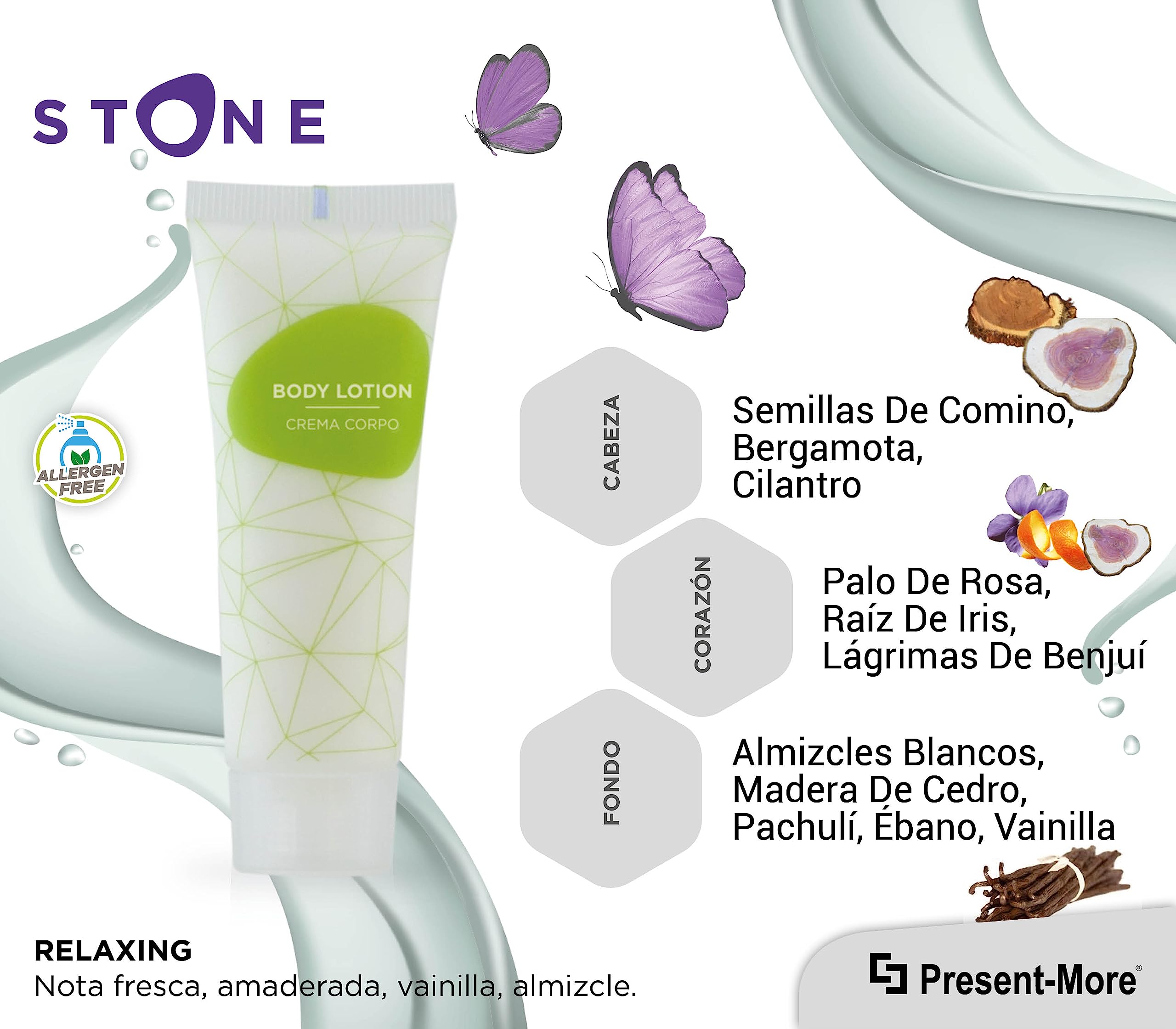 Present-More Crema corporal 30ml Stone - Crema cuerpo 250 unidades para Hoteles y B&B | Crema cuerpo sin alérgenos con fragancia Relaxing