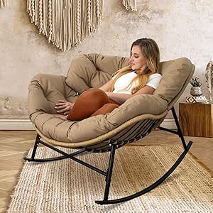 RADIATA Double Papasan Rocking Chair With Cushion, 2-Person Patio Egg Lounge Chair, Oversized Outdoor Recliner Loveseat, 700 Lbs Capacity, Comfy Big Rocker For Porch, Balcony,Living Room,Beige