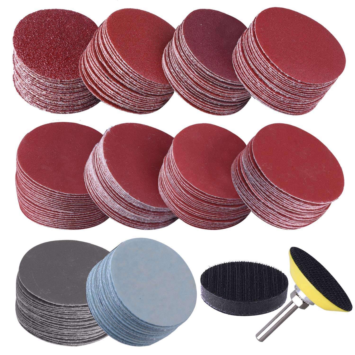 Lot de 200 disques abrasifs 50 mm 2" 80-3000 avec papier abrasif 1" + tige 1/4" pour outils rotatifs