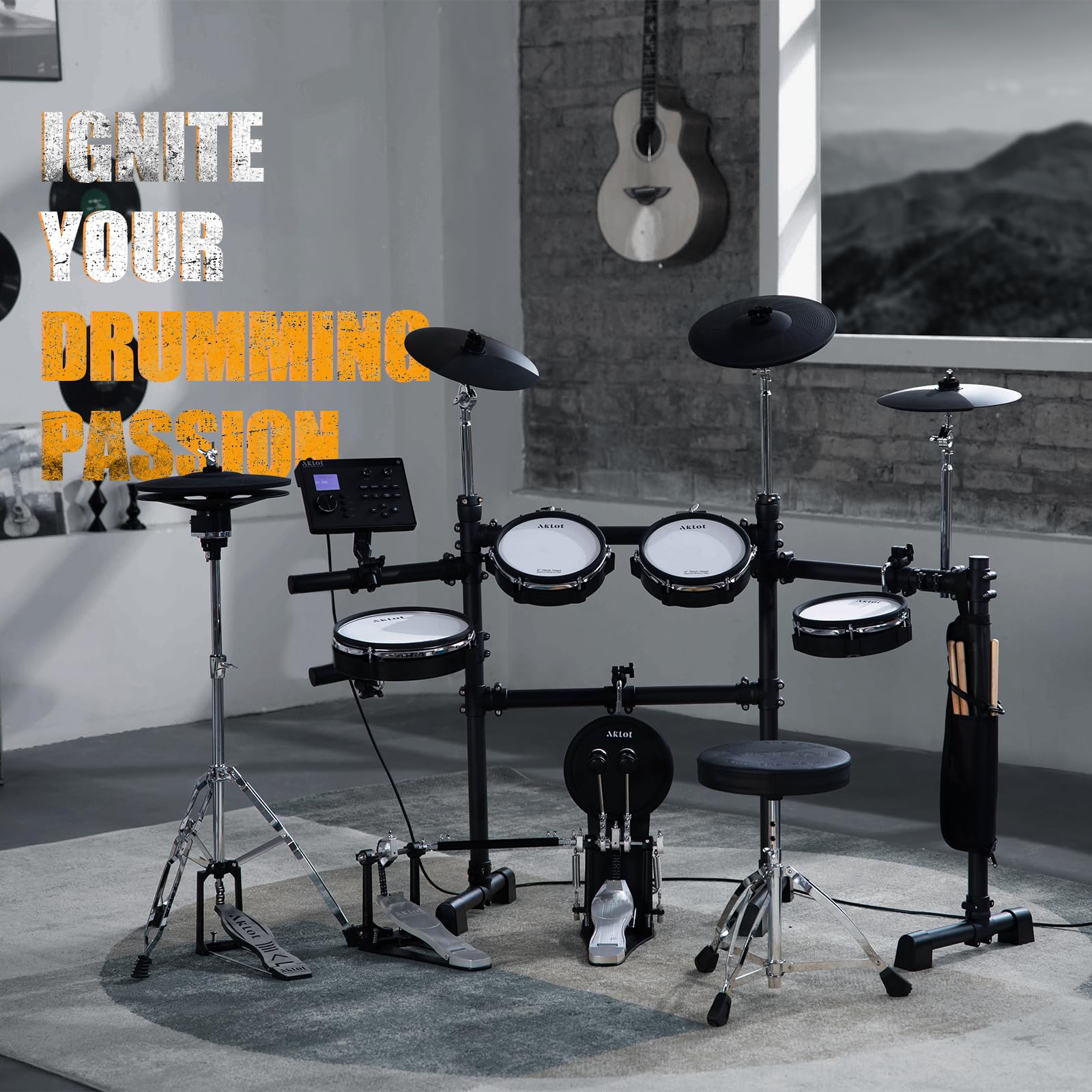 AKLOT Batería Electrónica Profesional con Pedal Doble Independiente, Caja Dual-Zone de 10’’, Hi-Hat Independiente de 2 Piezas, Plato Ride Triple-Zone de 12’’, 460 Sonidos y Conexión (B-CORE541D)