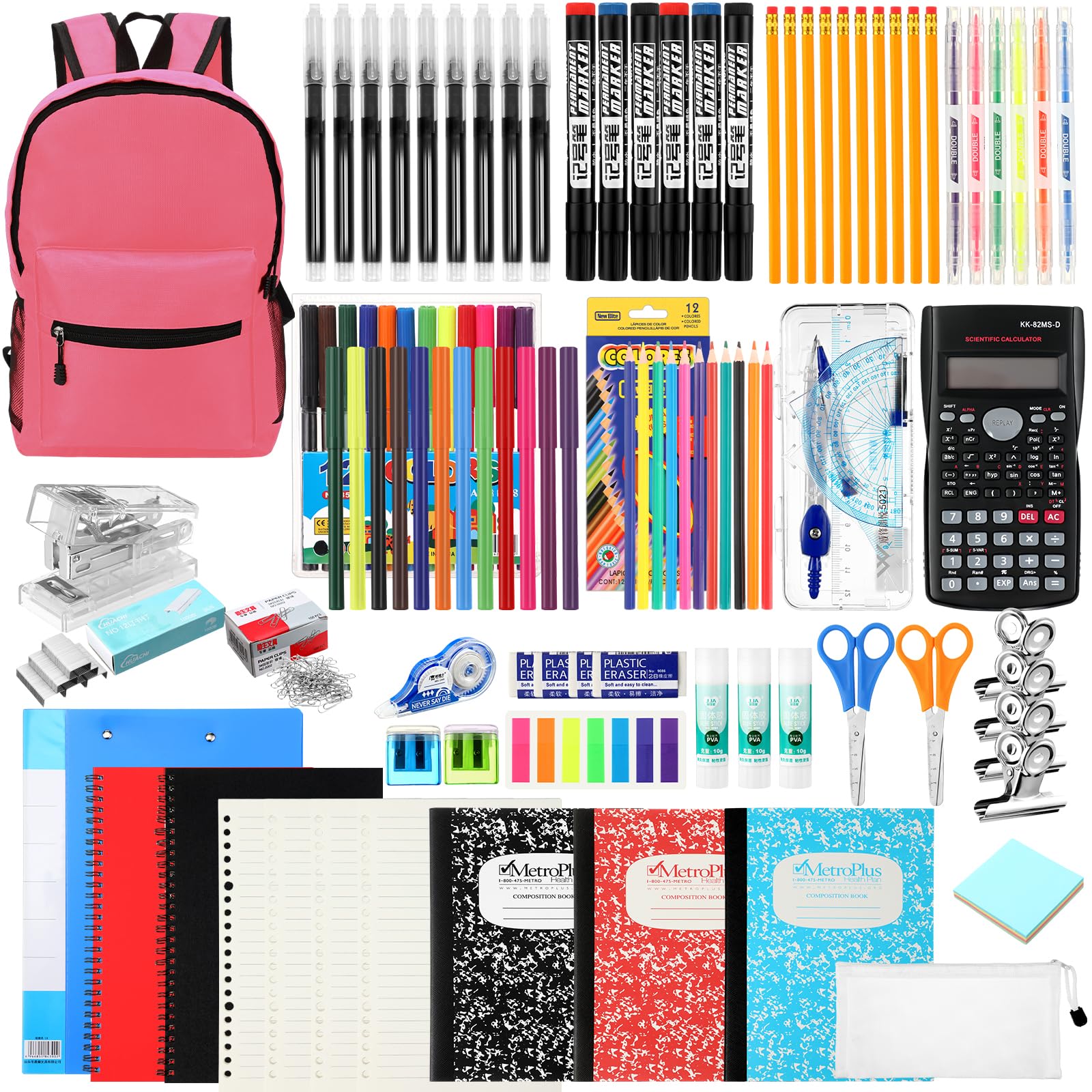 Gilprop 81 Pcs School Supply Kit with Backpack Back to School Supplies Bundle Bulk School Essentials for Elementary Middle High School Students Includes Folders Notebooks Pencils and More(Pink)