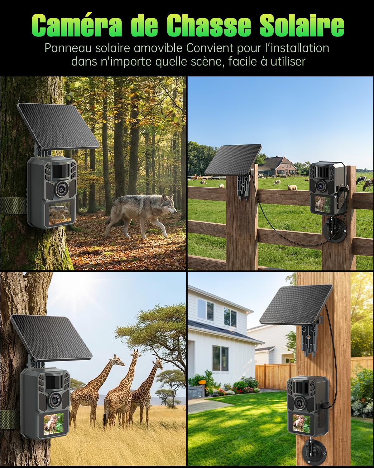 4K 64MP Caméra de Chasse Solaire avec 5000mAh Batterie Rechargeable, Camera Chasse, 850nm LED Camera Infrarouge Vision Nocturne Animaux Caméra
