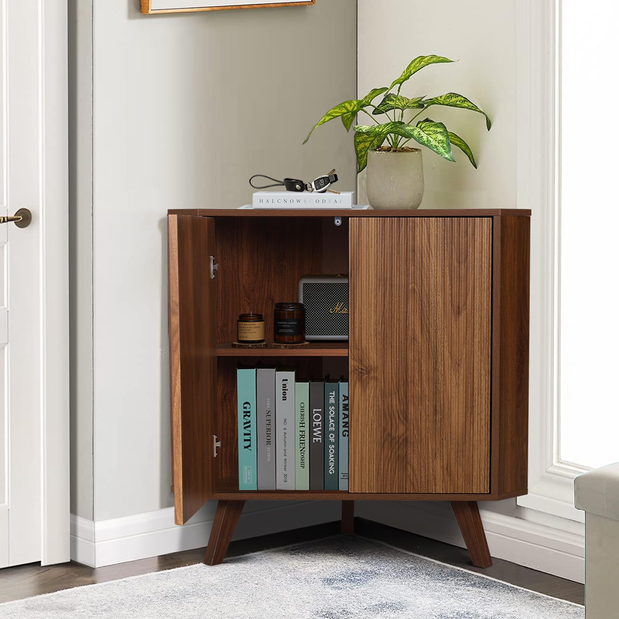 Mobiletto angolare in legno con motivo ondulato – Mobile salvaspazio moderno in legno per soggiorno, camera da letto, bagno