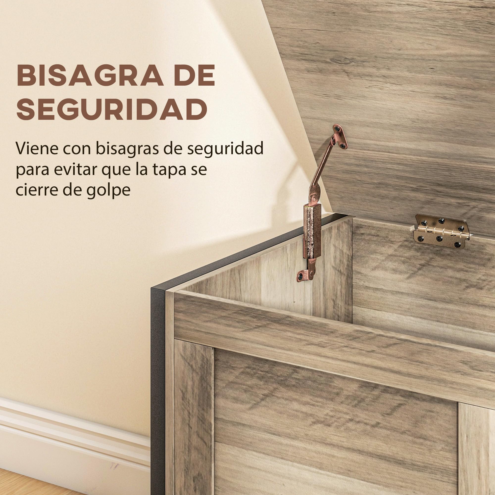 HOMCOM Baúl de Almacenaje para Dormitorio 95 L Banco de Almacenaje con Tapa Bisagra de Seguridad para Pasillo Salón 80x40x50 cm Marrón Grisáceo