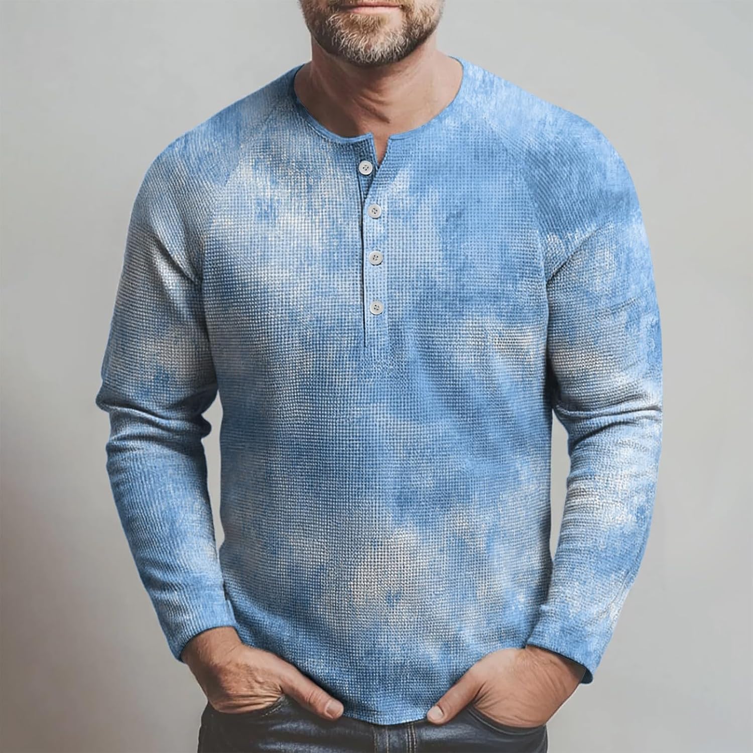 RTRDE Men's Casual T Shirts Long Sleeve, Tie Dye Print Henley Shirts Fall Winter Button Tee Top, M-3XL