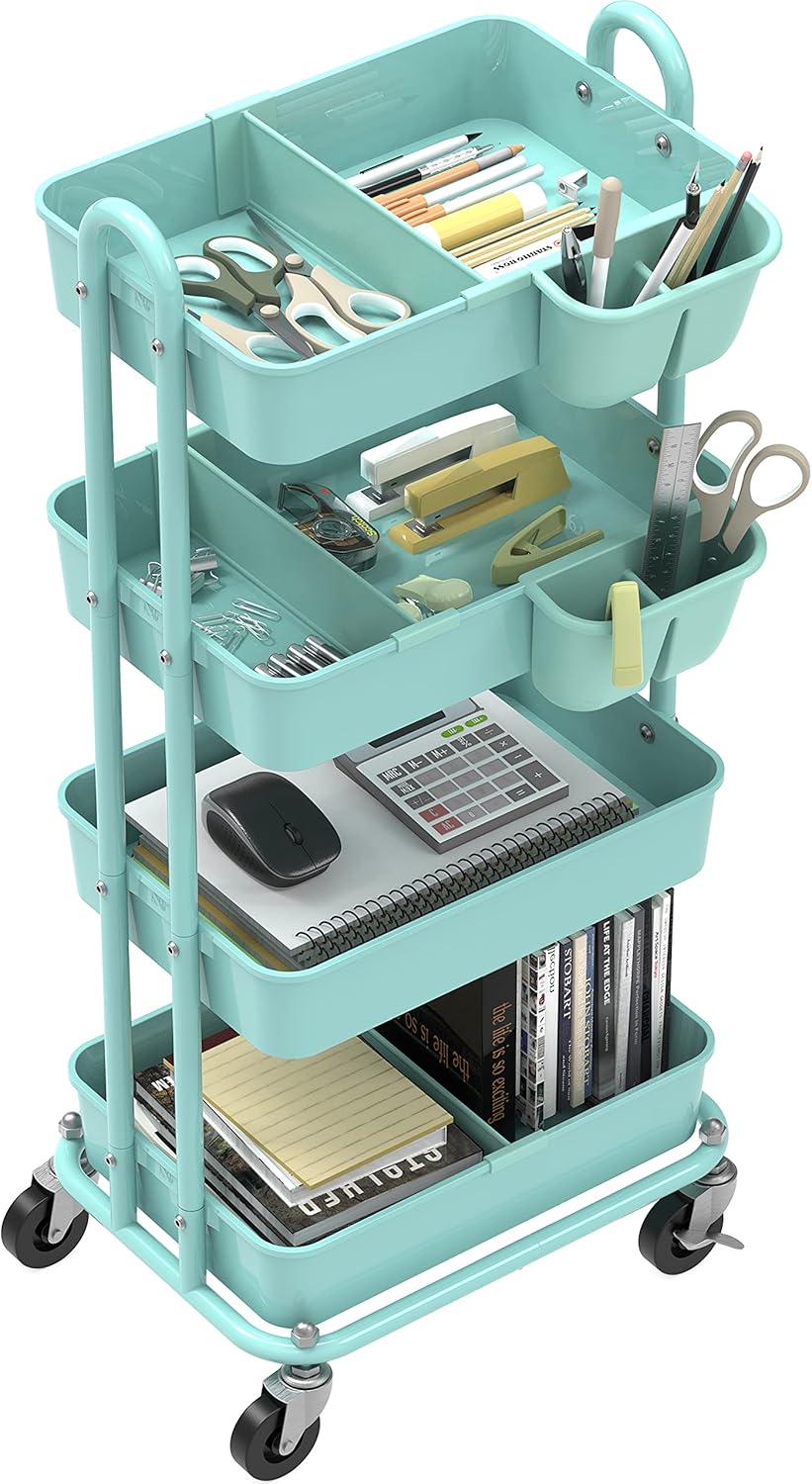 SimpleHouseware 4-Tier Multifunctional Rolling Utility Cart with Basket Dividers and Hanging Buckets, Turquoise: Kitchen & Dining