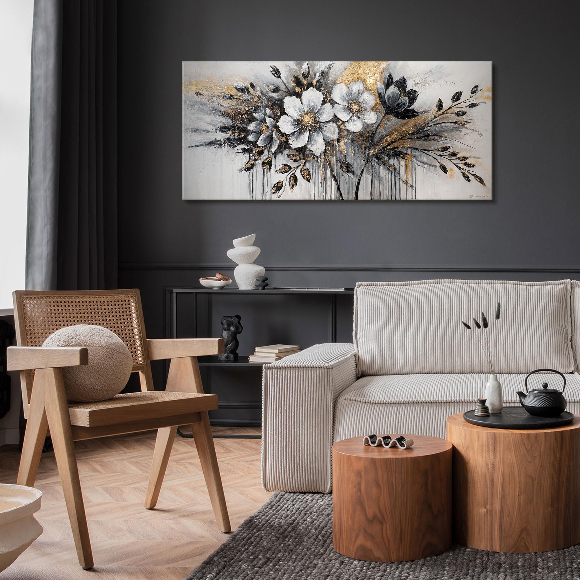 YS-Arte Pintura acrílica flores sobre lienzo serie original pintado a mano el mural sala de estar oficina moderna decoración del hogar galería imagen obra de arte imágenes con oro 115 x 50 cm