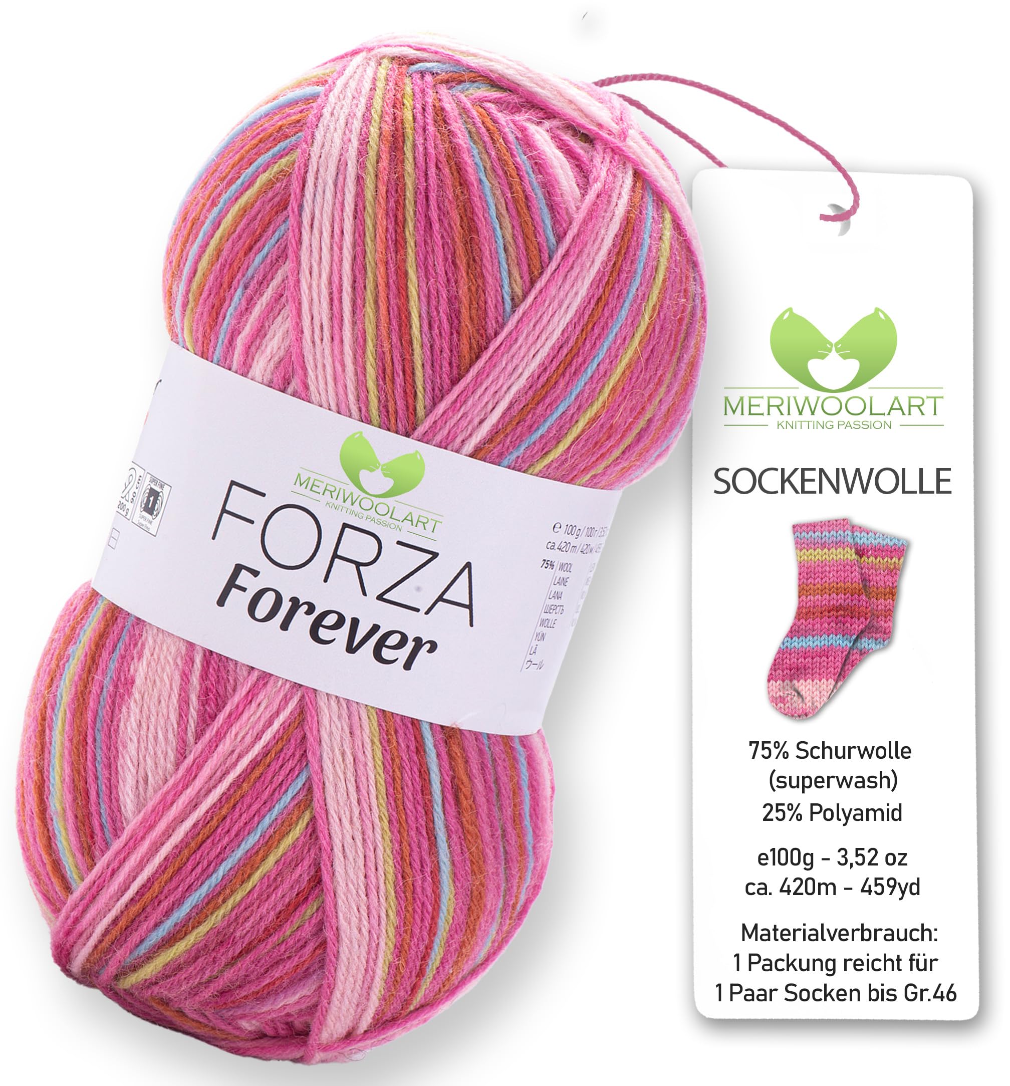 MeriWoolArt Sock Yarn, 75% Virgin Wool, 25% Polyamide, 420m, 100g, 4-Ply Merino Wool for Knitting (VARIEGATED-2706)