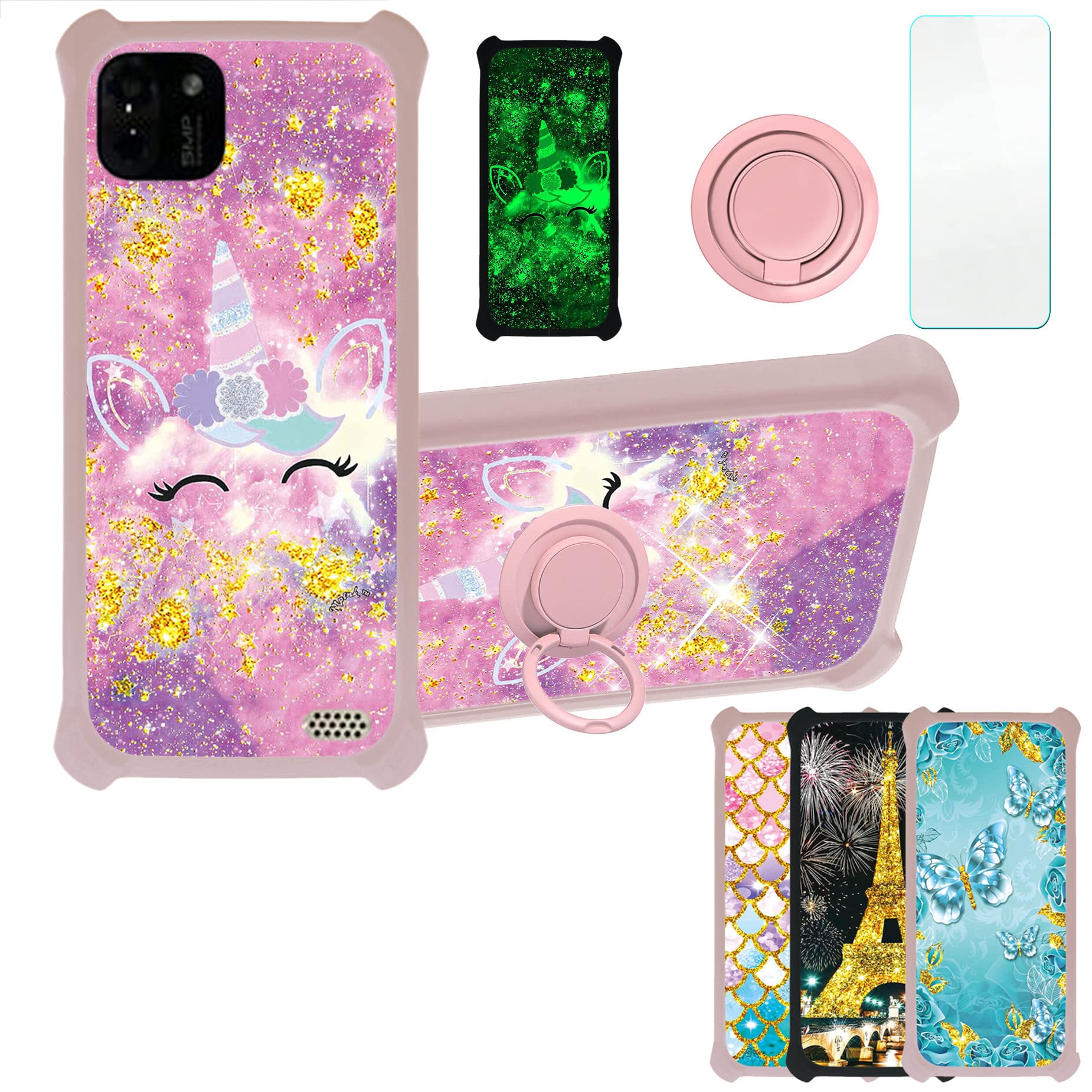 jioeuinly Sky Devices Elite N55 / N55 MAX / L55 Case Compatible for UNO Premier 5/Premier5 MAX Phone Case Cover [with Tempered Glass Screen Protector][Ring Support] [Gold Glitter+Luminous] JSF-DJS