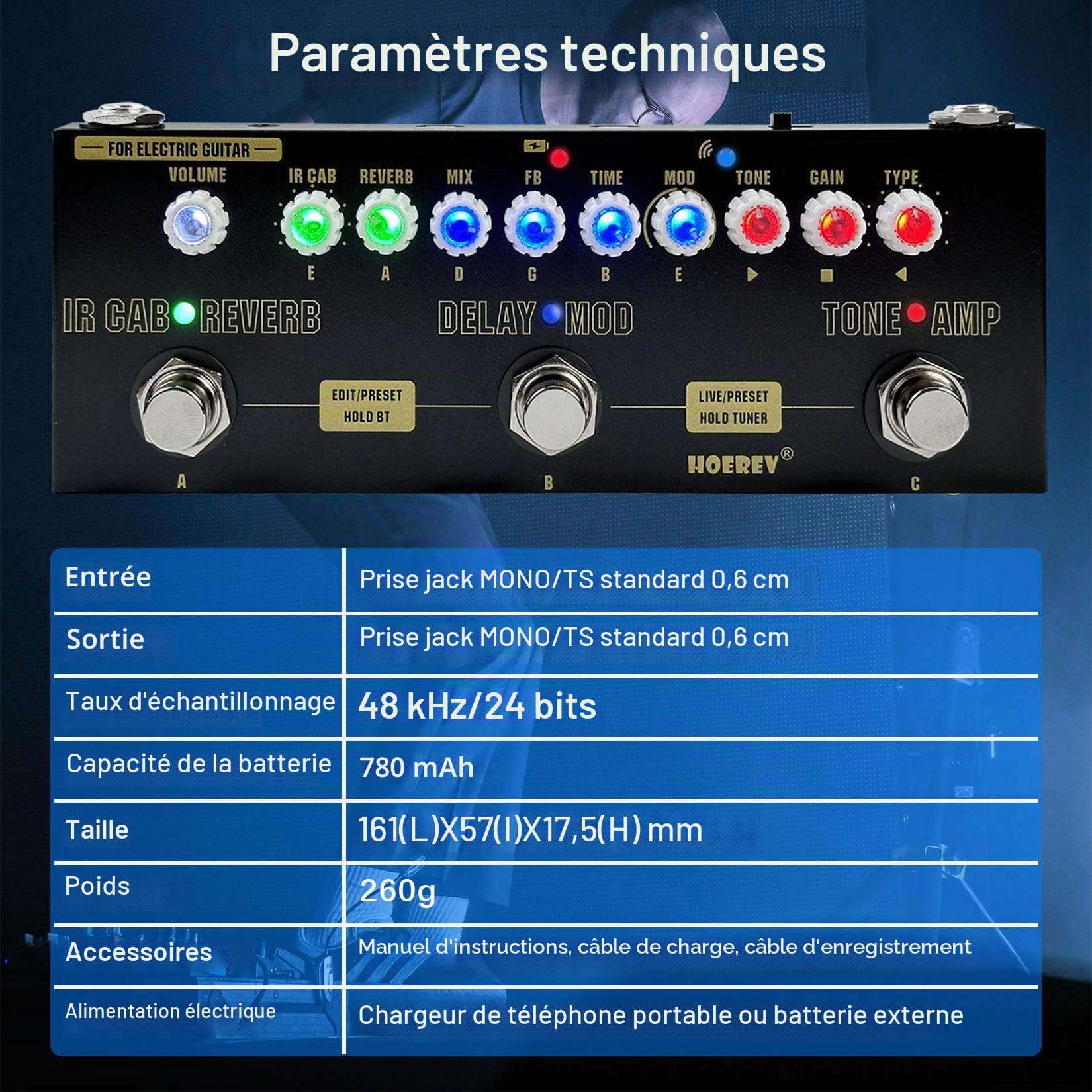 HOEREV Pédale multi-effets pour guitare électrique avec batterie intégrée