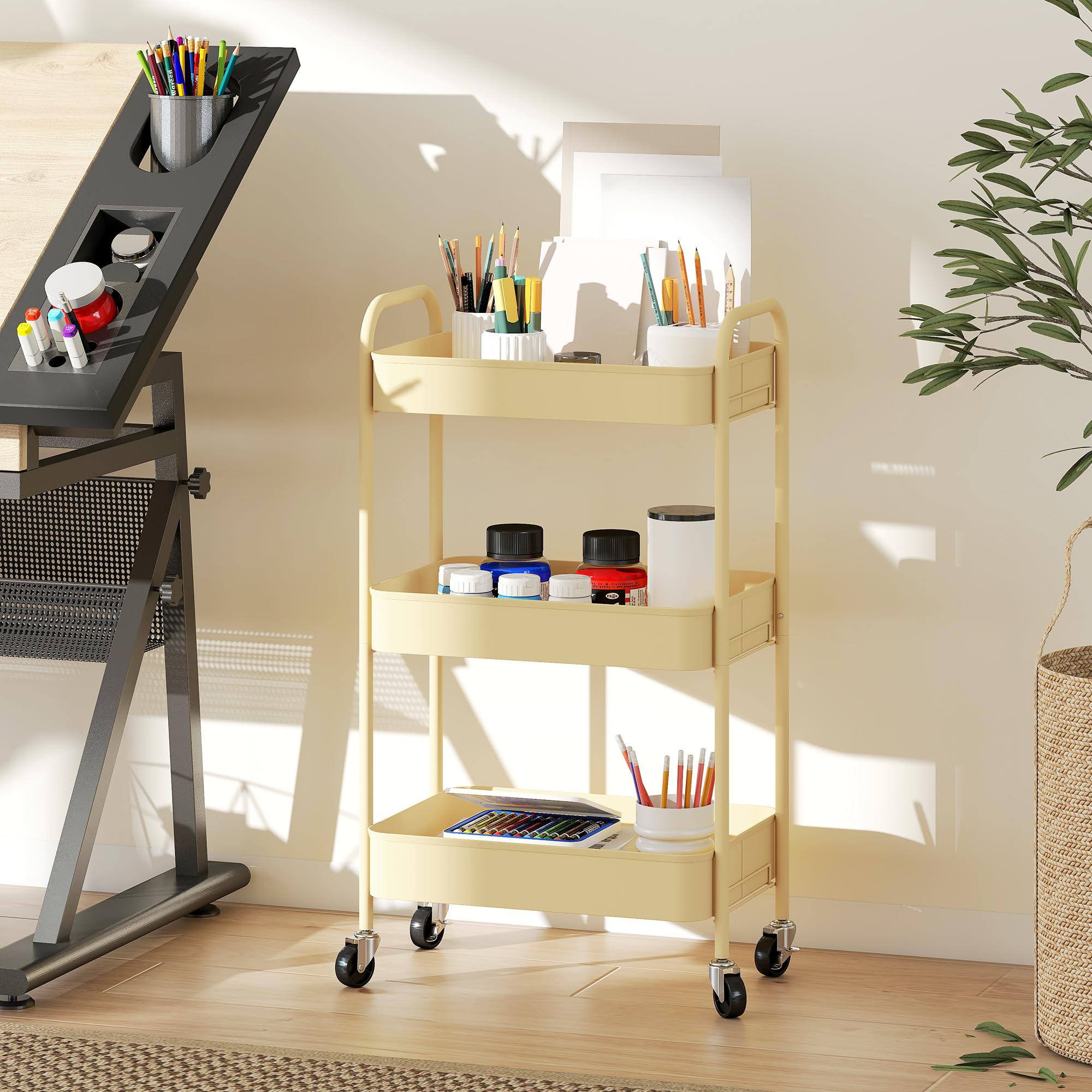 HOMCOM Carrello 3 ripiani su ruote con 3 cestelli in metallo Giallo | Carrello portariviste in metallo, carrello scorrevole, soggiorno, cucina