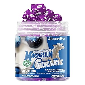 Magnesium Glycinate Soft Chews, Blueberry Flavor.Chewable Sugar Free Potassium Magnesium Chews with Magnesium Glycinate, Vitamin D, B6, and CoQ10 for Calm Support & Sleep for Adults, 60 Days Supply