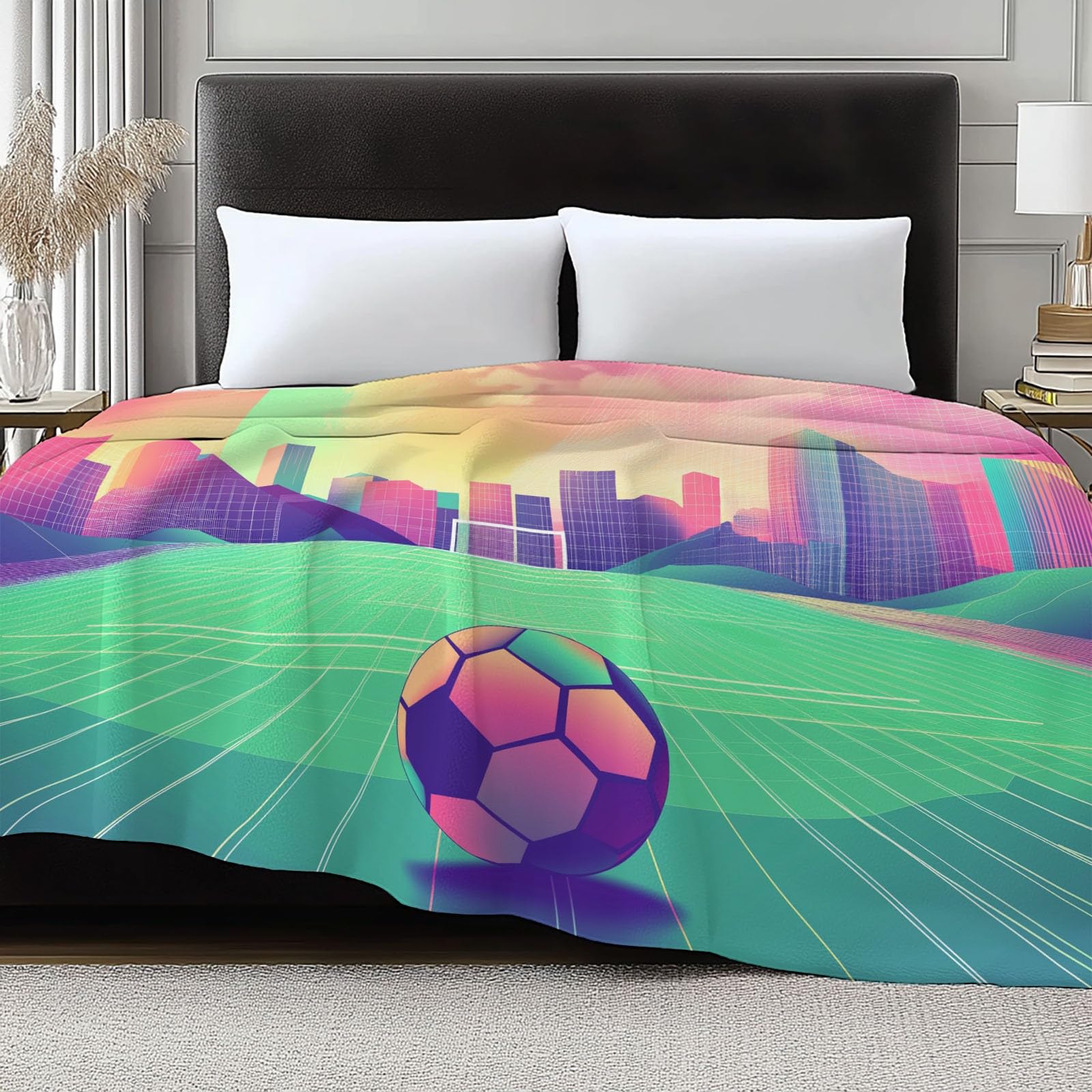 Colori Al Neon Coperta Plaid in Pile di Flanella Calcio Futuristico, Microfibra Morbido Durevole e Caldo Peluche, Singolo Matrimoniale Coperte Copriletti 180x220 cm per Letto Divano Soggiorno
