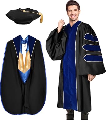Unisex Deluxe Doctoral Graduation Gown with Tam 8-Sided Package and Hood for Doctoral Regalia Royal Blue