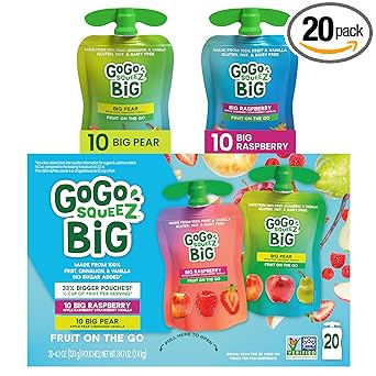 GoGo squeeZ BIG Applesauce & Fruit Puree with Vanilla and Cinnamon Variety Pack, Pear & Raspberry, 4.2 oz. (Pack of 20), Unsweetened Fruit Snacks for Kids, Gluten Free, Nut Free, Dairy Free Pouches