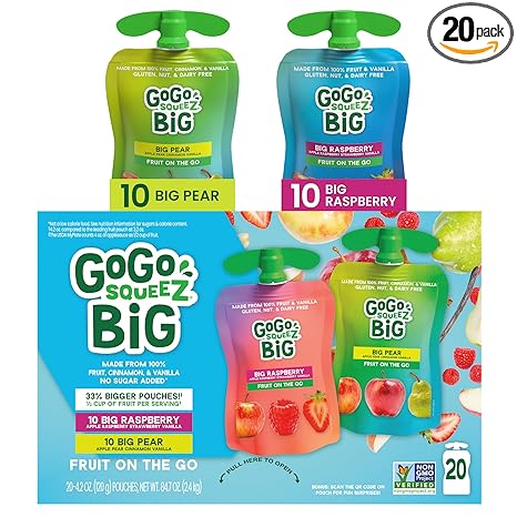 GoGo squeeZ BIG Applesauce & Fruit Puree with Vanilla and Cinnamon Variety Pack, Pear & Raspberry, 4.2 oz. (Pack of 20), Unsweetened Fruit Snacks for Kids, Gluten Free, Nut Free, Dairy Free Pouches