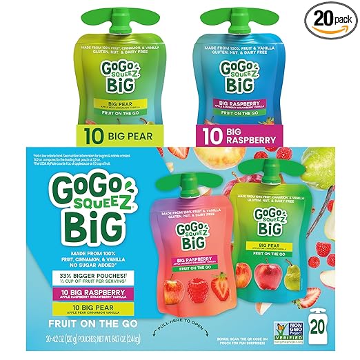 GoGo squeeZ BIG Applesauce & Fruit Puree with Vanilla and Cinnamon Variety Pack, Pear & Raspberry, 4.2 oz. (Pack of 20), Unsweetened Fruit Snacks for Kids, Gluten Free, Nut Free, Dairy Free Pouches