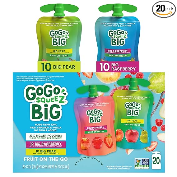 GoGo squeeZ BIG Applesauce & Fruit Puree with Vanilla and Cinnamon Variety Pack, Pear & Raspberry, 4.2 oz. (Pack of 20), Unsweetened Fruit Snacks for Kids, Gluten Free, Nut Free, Dairy Free Pouches