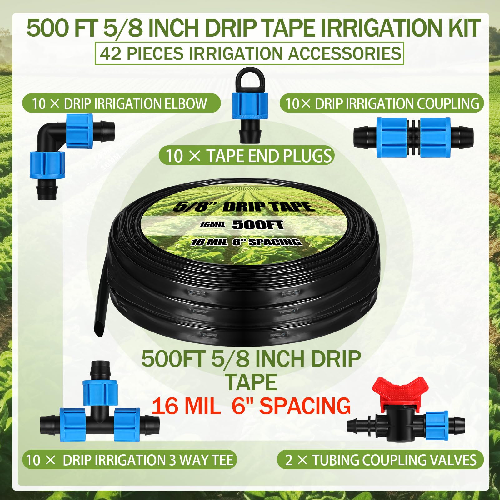 Tondiamo Kit de riego de cinta de goteo de 500 pies y 5/8 pulgadas, kit de tubos de riego por goteo de 16 mil 6 pulgadas, manguera espaciadora de jardín, sistema de riego automático, equipo de riego