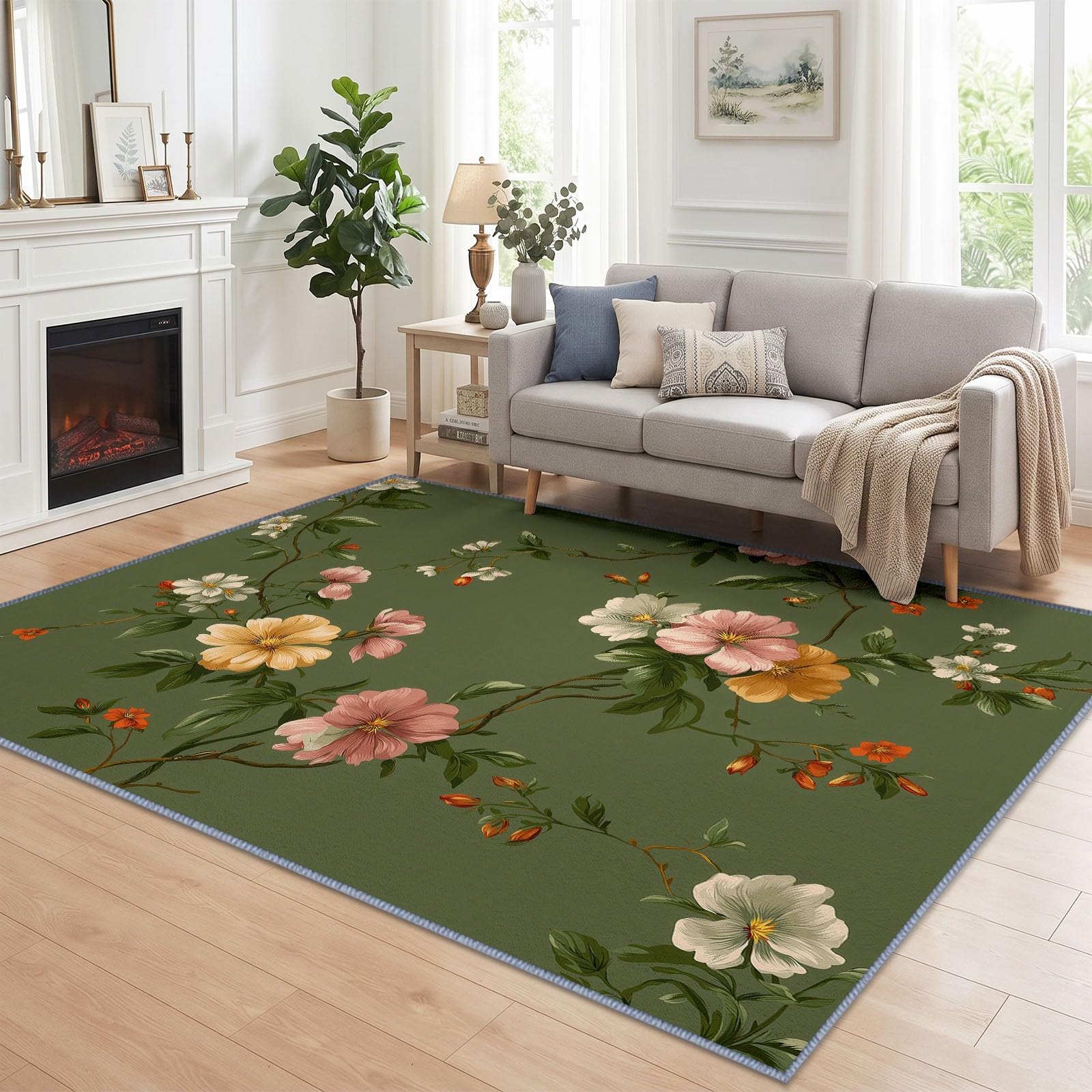 Générique Fleur Feuille Vert Foncé Tapis Salon 140x200 cm Lavable en Machine, Bohème Rétro Pastoral Tapis AntidéRapant Doux Poil Ras, pour Salon, Chambre et Salle à Manger