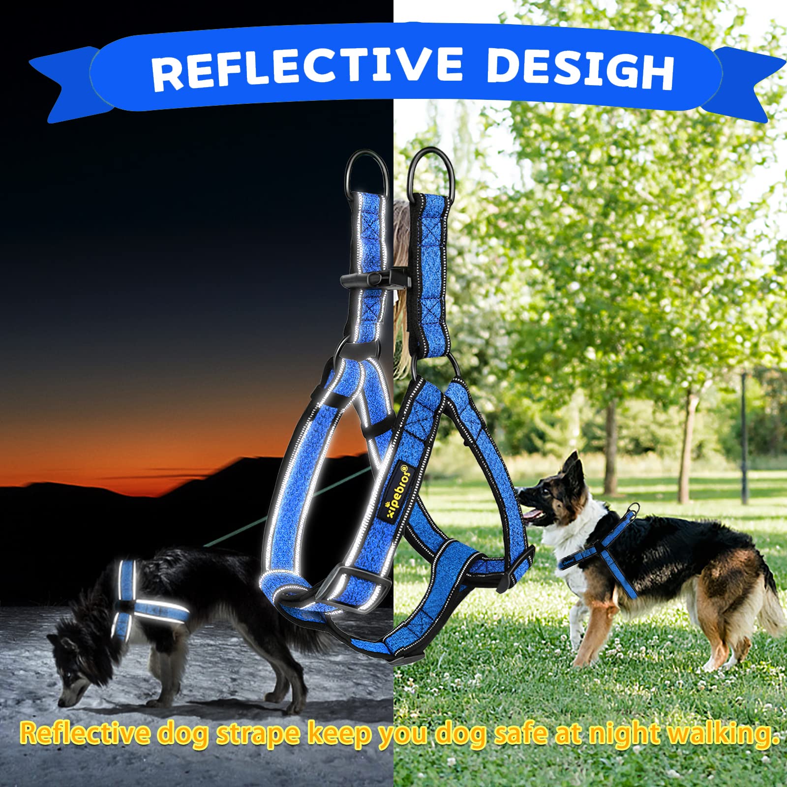 Arnés para perro, arnés para perro sin tirones con reflectante ajustable, evita que las mascotas se tiren y se asfixien, arnés para perros grandes (azul, XXL)