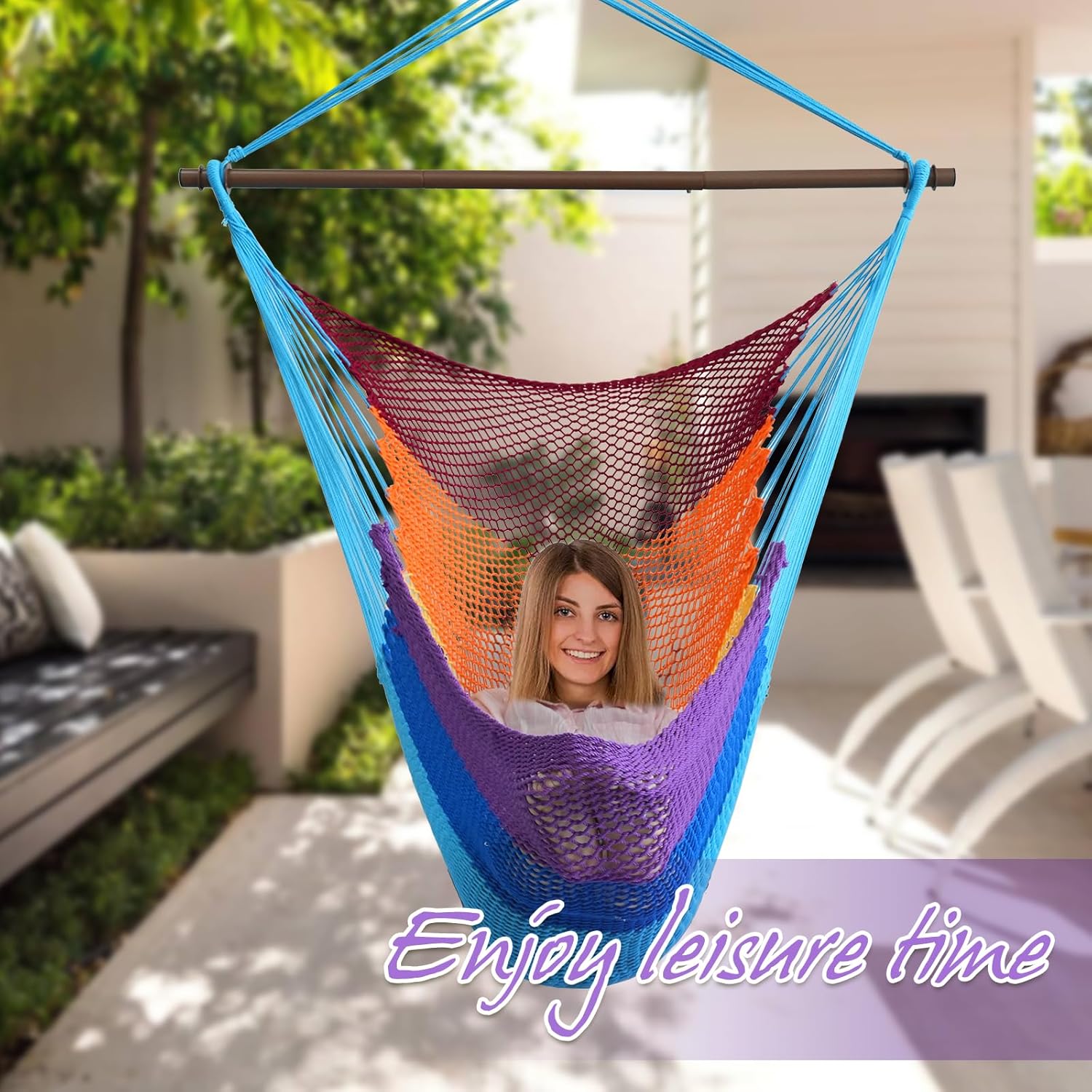 Large Hammock Chair,Caribbean Hammock Chair with Spreader Bar,Large Hammock Swing Chair,Rope Hanging Chair for Indoor/Outdoor/Backyard/Living Room, Max 300 LBS - Image 4