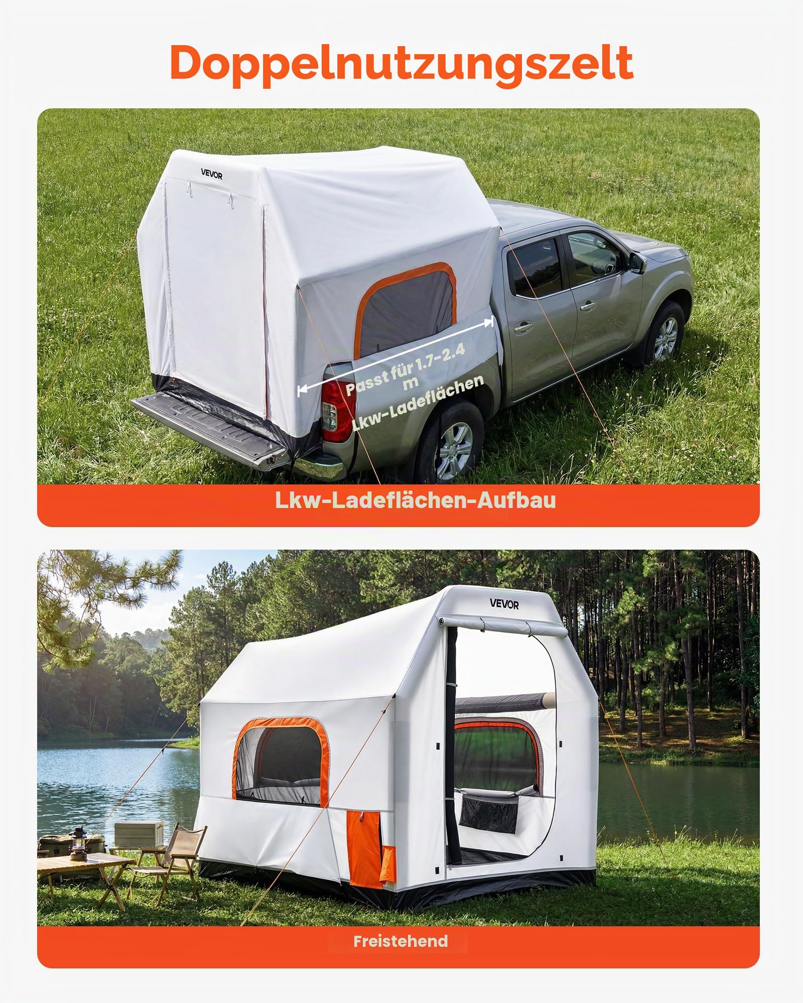 VEVOR Aufblasbares Campingzelt für Ladefläche 219 x 165 x 183 cm, Pickup Zelt Wasserdicht (PU2000 mm) mit Belüfteten Netzfenstern, ideal für Camping Wandern Outdoor-Aktivitäten inklusive Luftpumpe