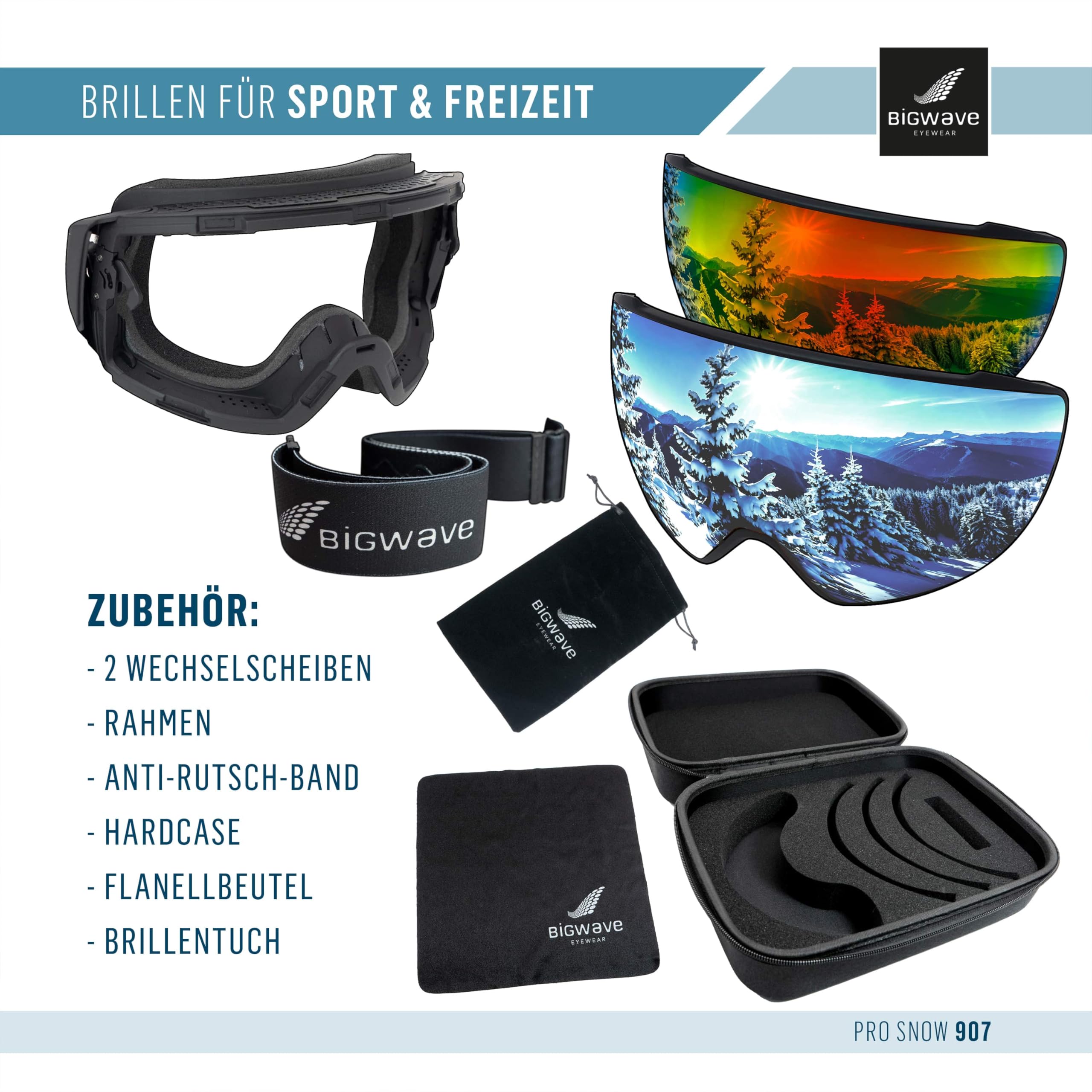 BIGWAVE Pro-Snow 907 Skibrille, Snowboardbrille im Deluxe-Set mit 2 magnetischen Wechselgläsern, UV 400, Anti-Fog, für Damen, Herren, inkl. Case, Beutel, Putztuch