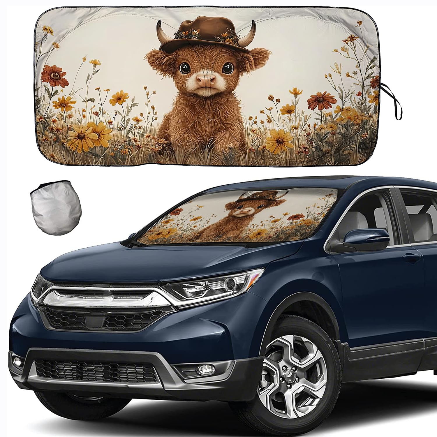 Photo 1 of [2026 Upgrade] TDCQQGQQ Adorable Highland Cow Windshield Sunshade, Medium Size 46”-64” x 34”, UV Protection Car Sun Shade, Cute Animal Design with Floral Pattern, Foldable and Durable for All Seasons
