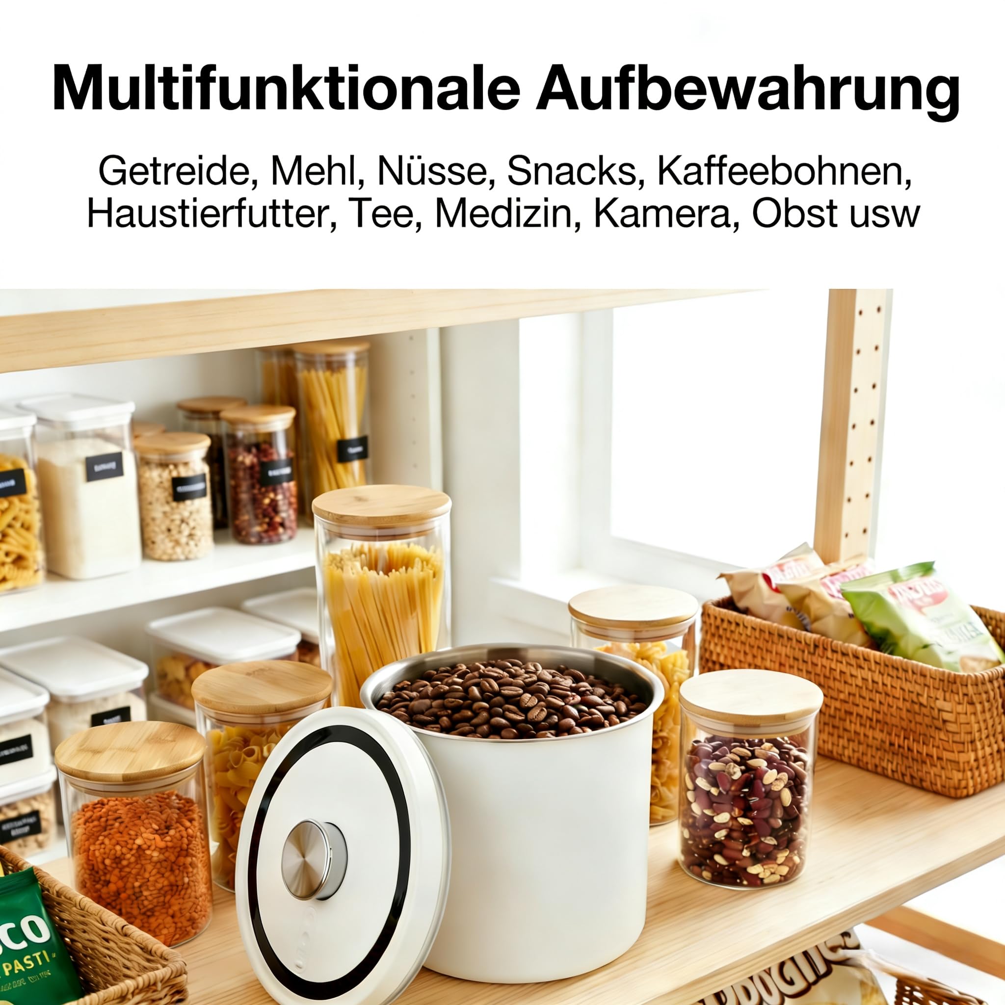 Vakuumlagerbox für Kaffee, Weizen, Bohnen, Mehl, Milchpulver, Haustiernahrungsmittellagerung Ein-Knopf-Betrieb Automatischer Vakuum (12L Weiß)