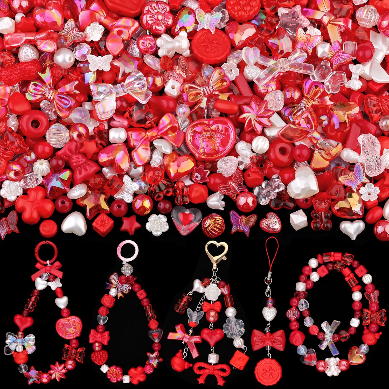 Assorted 200-260PCS Red Acrylic Beads for Bracelet Making, Flower Bow Butterfly Candy GummyBear Aesthetic Bracelet Charms,Cute Beads for Jewelry Making DIY Necklace Keychain Phone Charm
