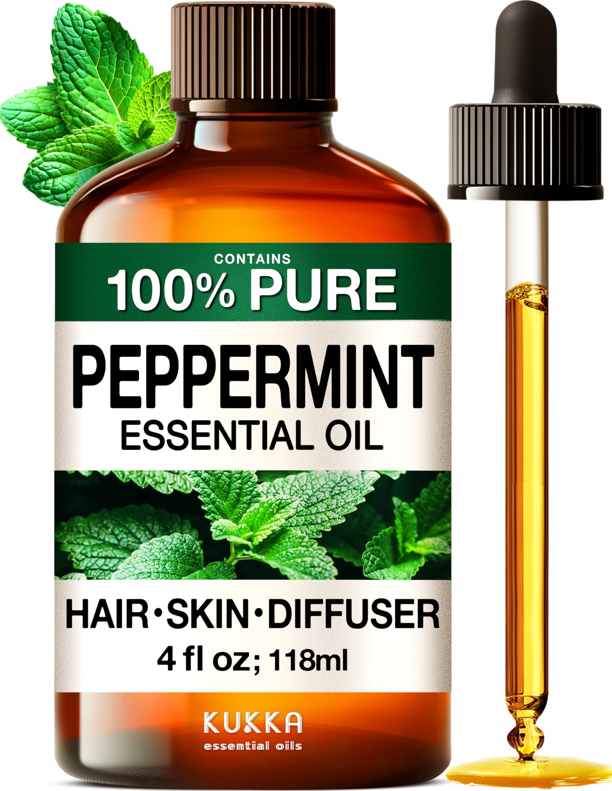 KUKKA Peppermint Essential Oils - 4 Fl Oz - for Hair, Skin, Diffuser, Aromatherapy & DIY Soap Making Scent