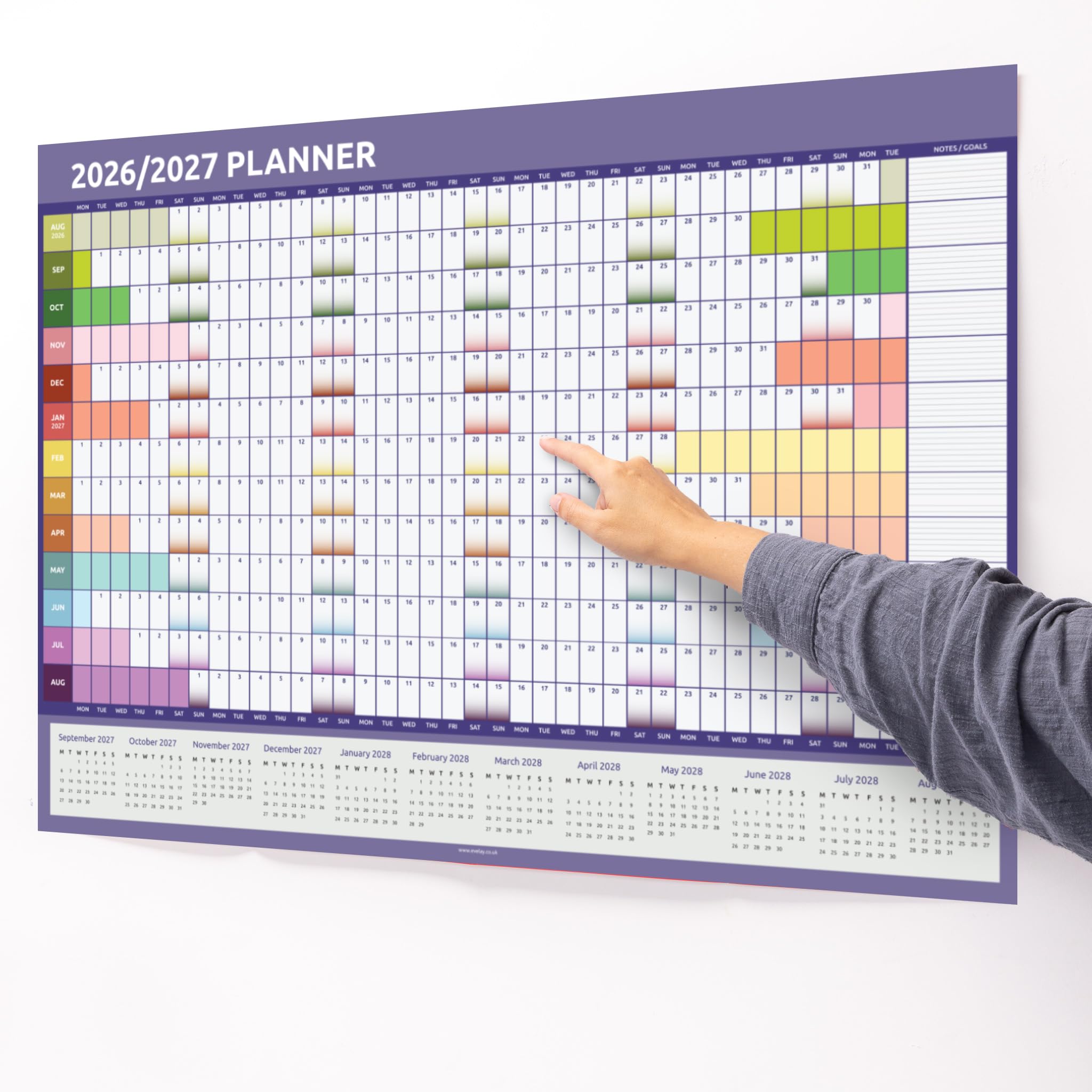 Planificador académico de pared 2026 2027, tamaño A1, calendario británico de mitad de año, 84 cm x 59 cm, organizador anual grande para profesores de escuela y estudiantes (arcoíris)