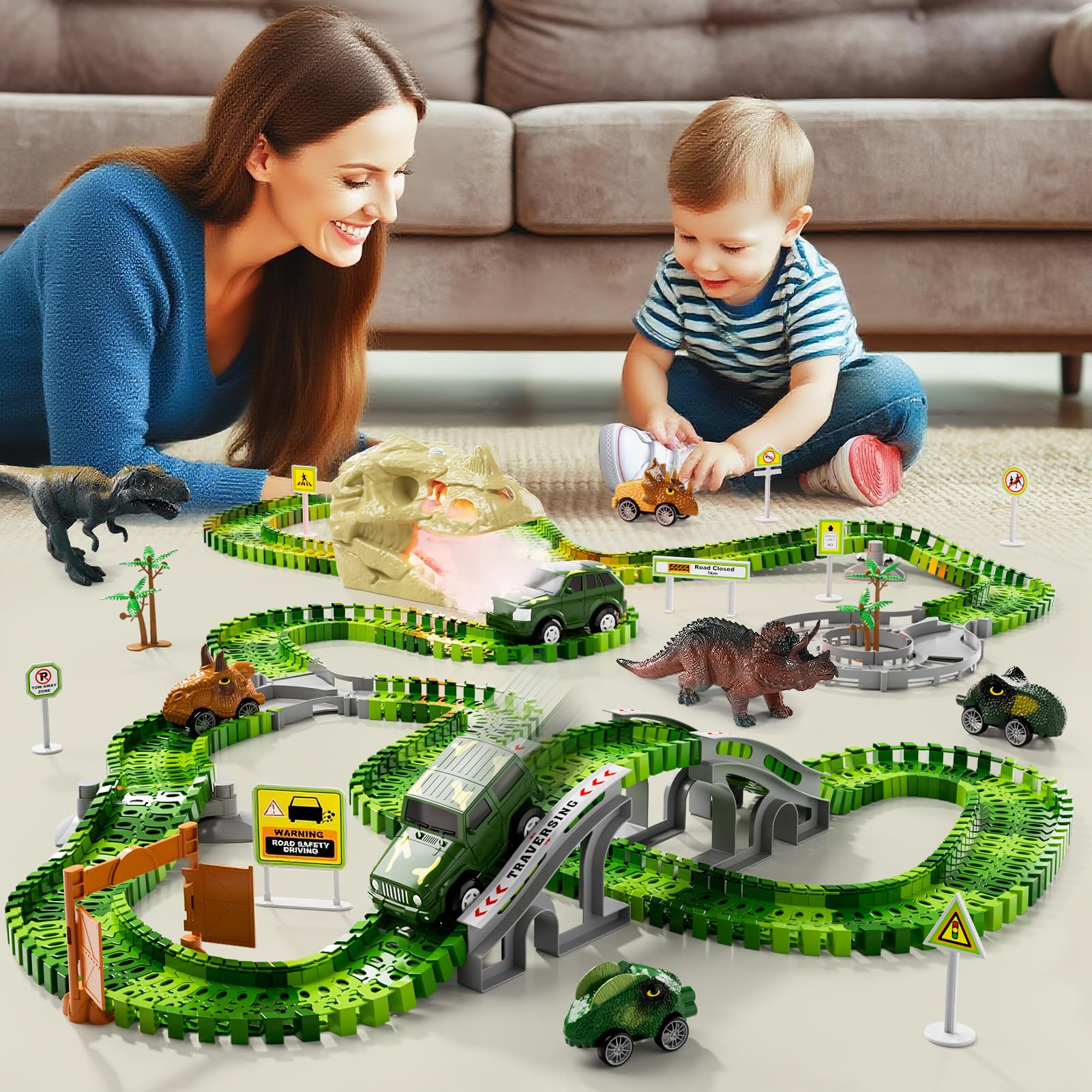 Dinosaur Race Track Set for Kids Ages 3-7, Flexible Car & Train Tracks with Dinosaurs to Create Themed World, Toys Gifts for Boys Girls - Image 2