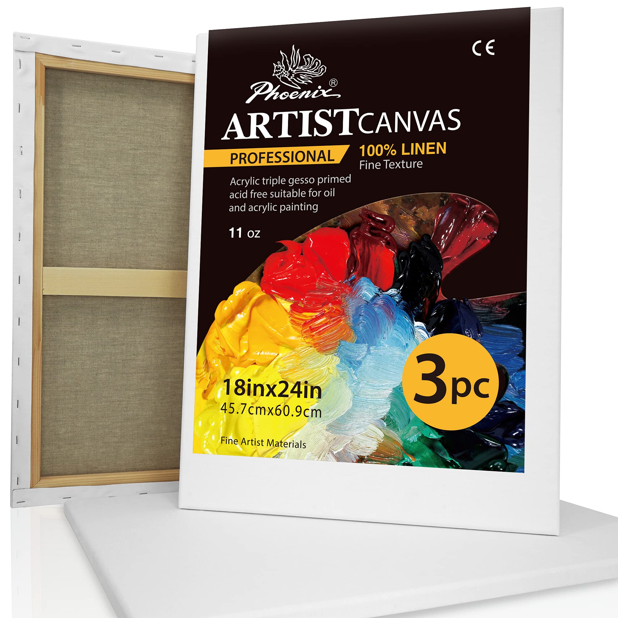 PHOENIX 11.2 Oz Linen Stretched Canvas, 18x24 Inch/3 Pack - 3/4 Inch Profile, Fine Texture - Triple Primed Blank Smooth Professional Stretched Canvas for Oils, Acrylics, Pastels & Detail Painting