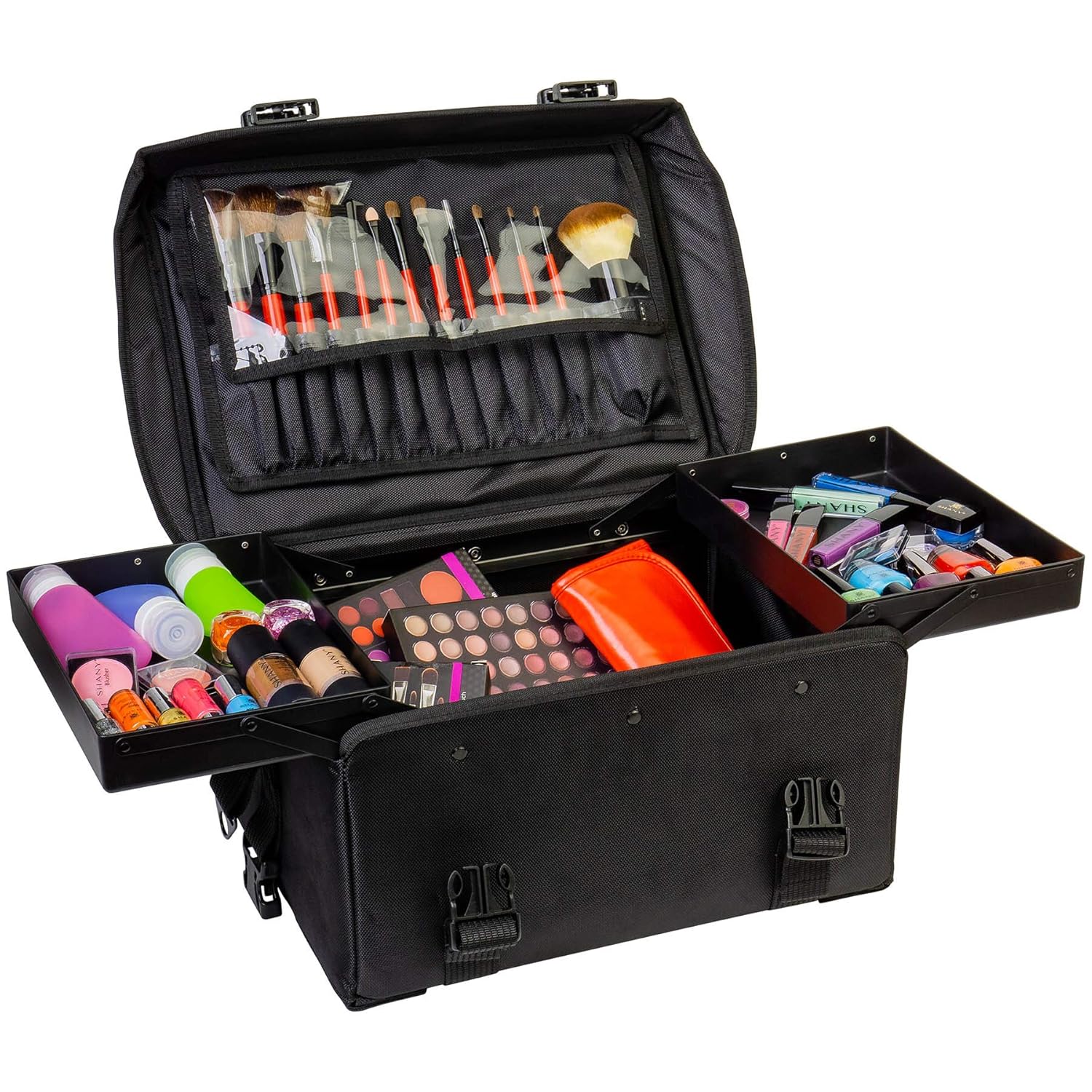 Soft Makeup Artist Rolling Trolley Cosmetic Case with Free Set of Mesh Bags - Jet Black