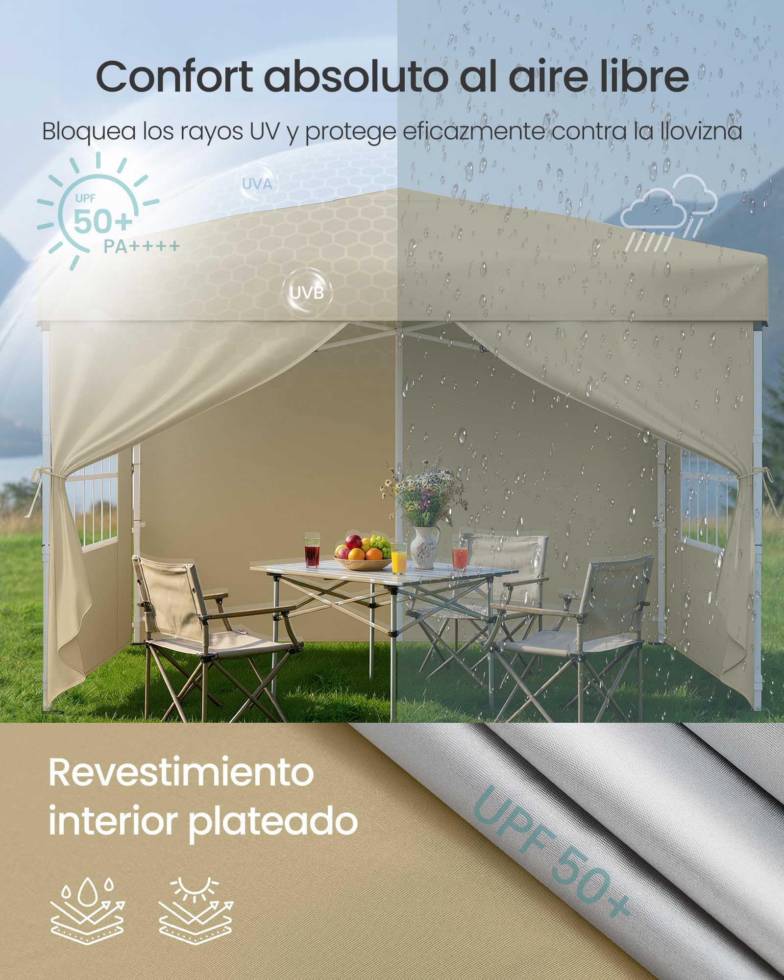 SONGMICS Cenador 3 x 3 m con Paneles Laterales, Carpa Plegable, Protección Solar, Resistente a Lluvia Ligera, Portátil, para Patio, Jardín, Mercadillo, Beige GCT104LZ01 — view 4