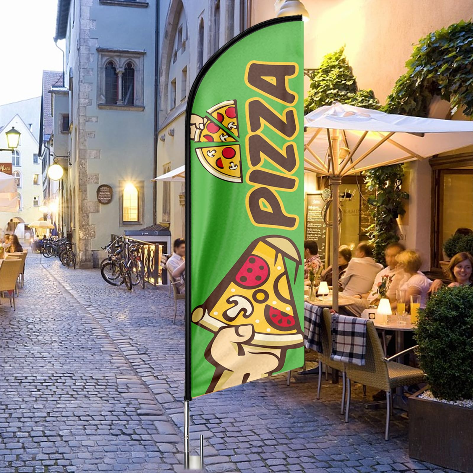 Bandiera pubblicitaria con pizza, 3,9 m, con kit di aste, picchetto, cartello con piume per aziende e vetrine (stile 1)
