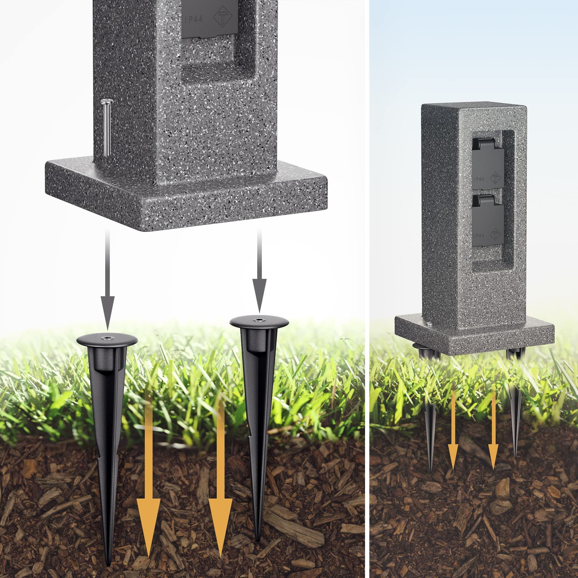 ledscom.de 2X Garten Steckdosensäule Pock mit Erdspieß für außen, IP44, 2-Fach, anthrazit (Stein-Optik), eckig, 30cm