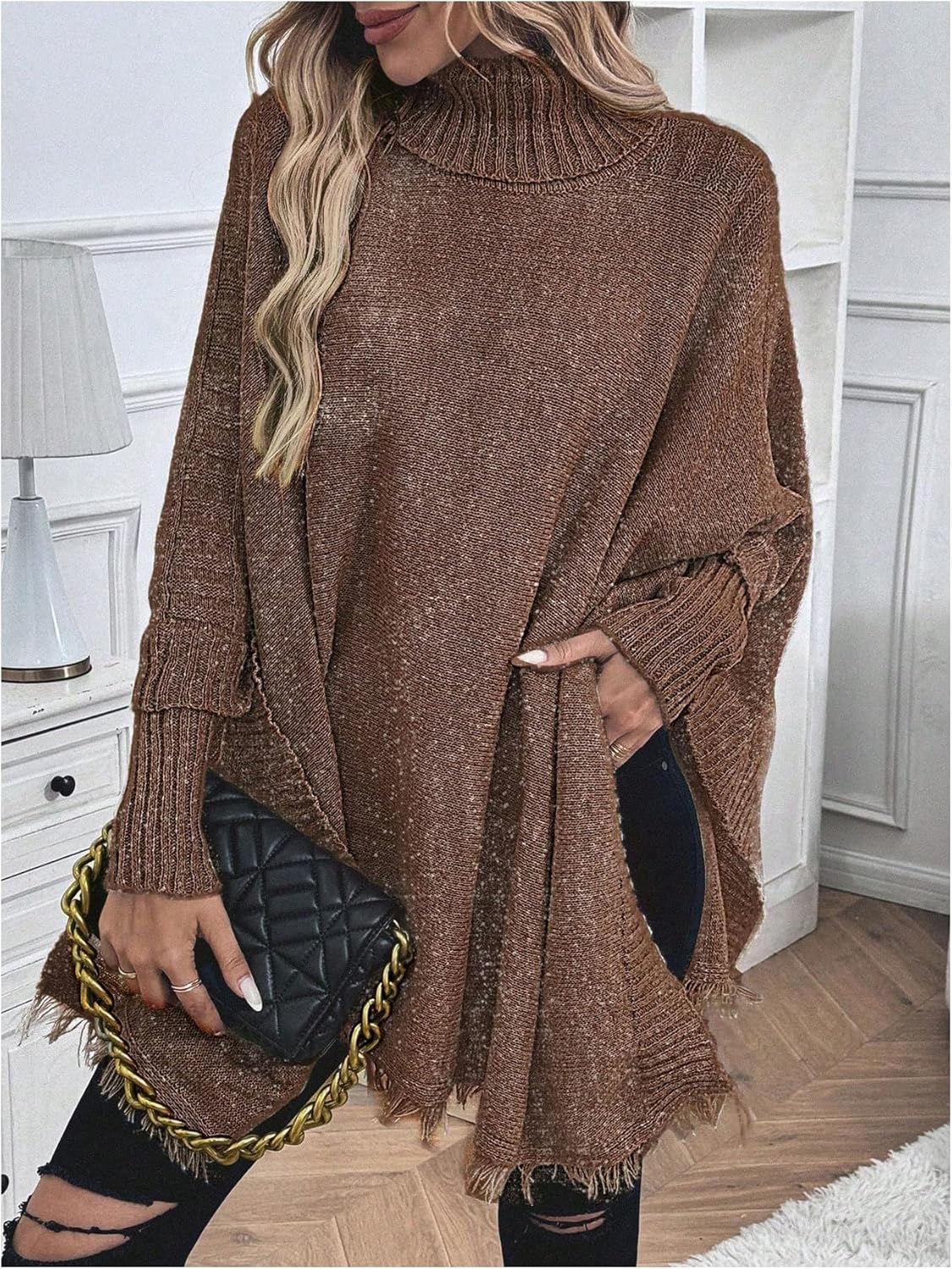 Verdusa Women's High Neck Poncho Sweater Long Sleeve Raw Hem Casual Loose Knitted Pullovers - Image 5