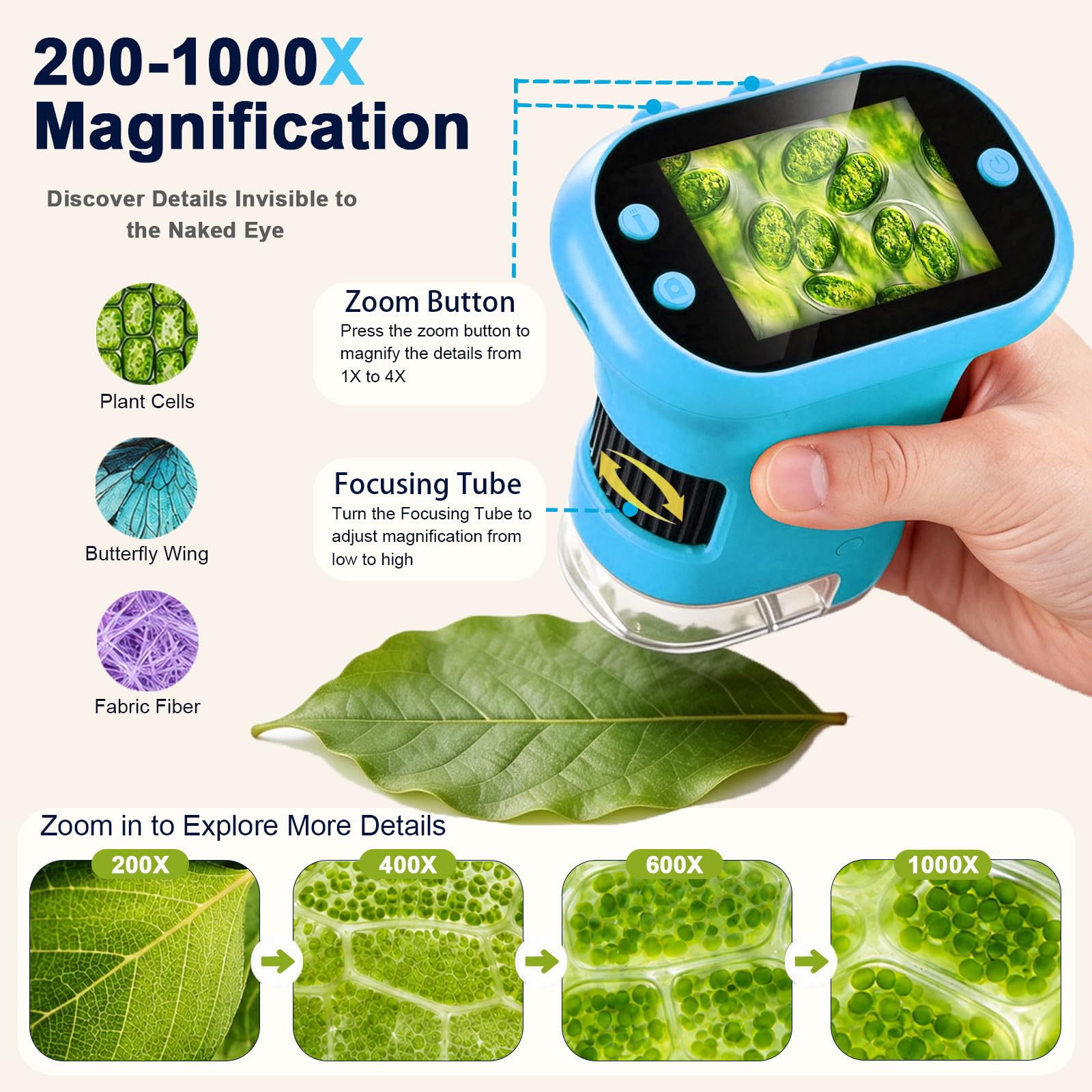 Microscopio digitale portatile 1000X per bambini, microscopio tascabile con schermo HD, per giardino, foresta ed esperimenti, regalo di compleanno per ragazze e ragazzi dai 3 anni in su, blu